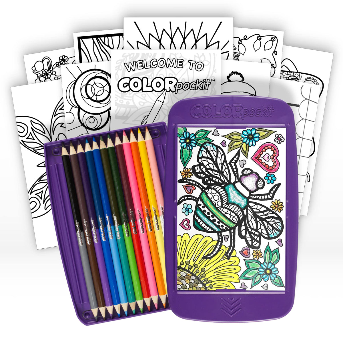 Colorpockit Coloring Kit Travel Art Set with Colored Pencils, 4x6 Coloring Cards, Built in