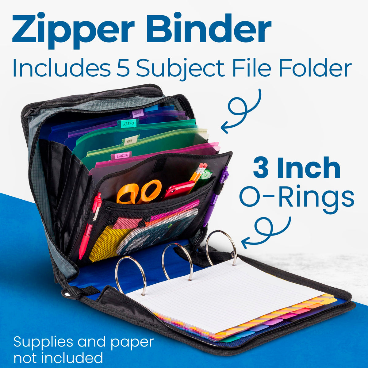 Case-it School Zipper Binder | 3" O-Rings | 600-Sheet | D-146 Midnight Blue
