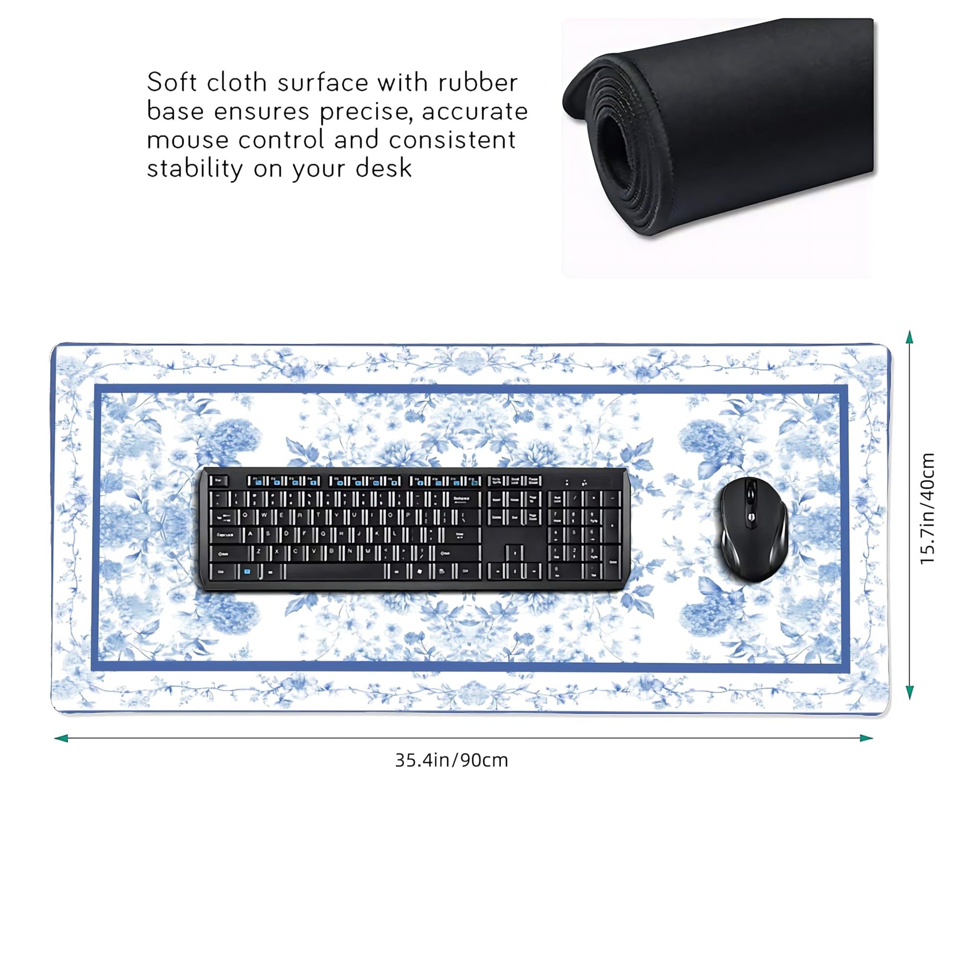 Floral Aesthetic Dahlia Gaming Mouse Pad, White Blue Rug Desk Mat with Anti-Slip Base & Stitched