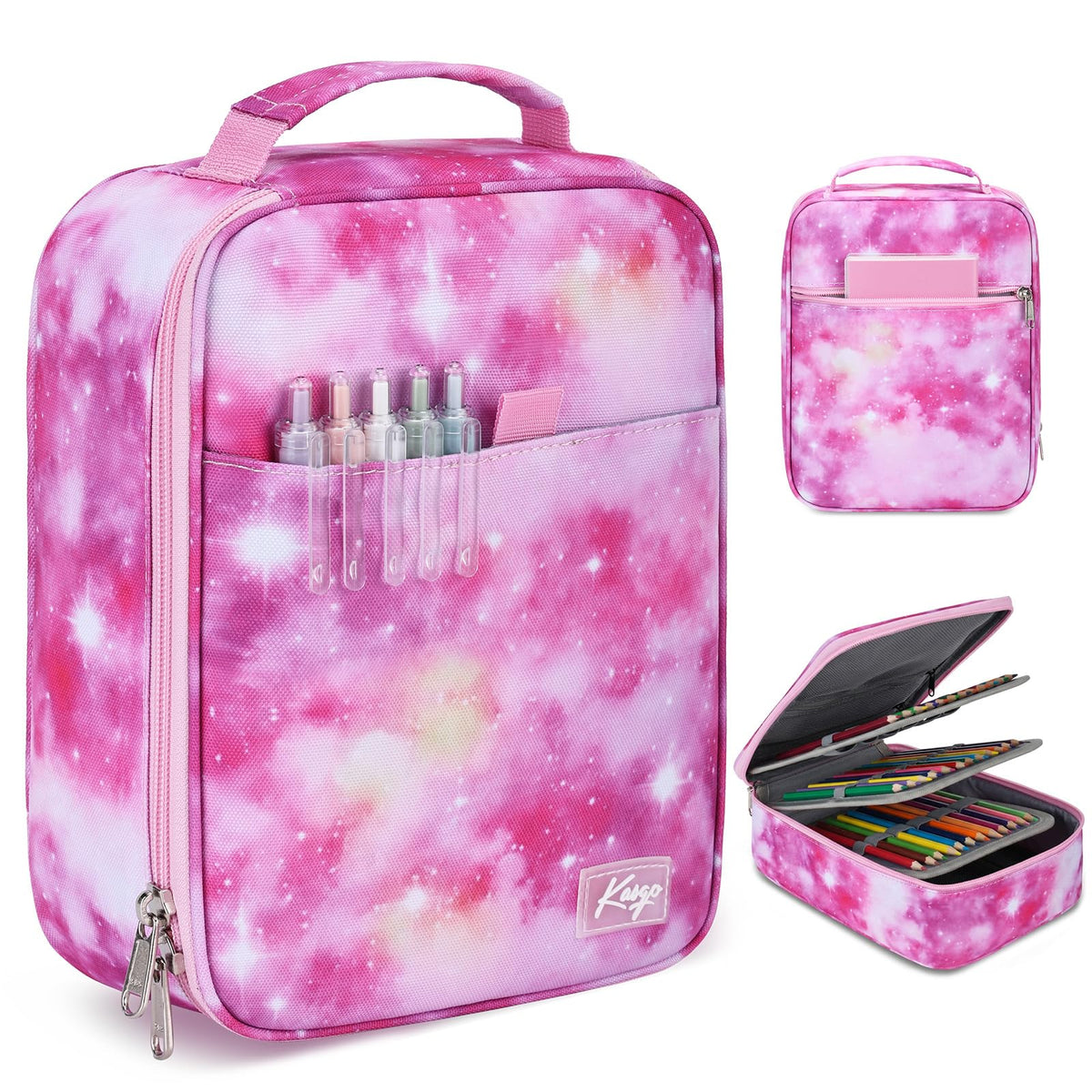 Kasqo Large Pencil Case, 54-Slot Pen & Marker Organizer, Pink Galaxy