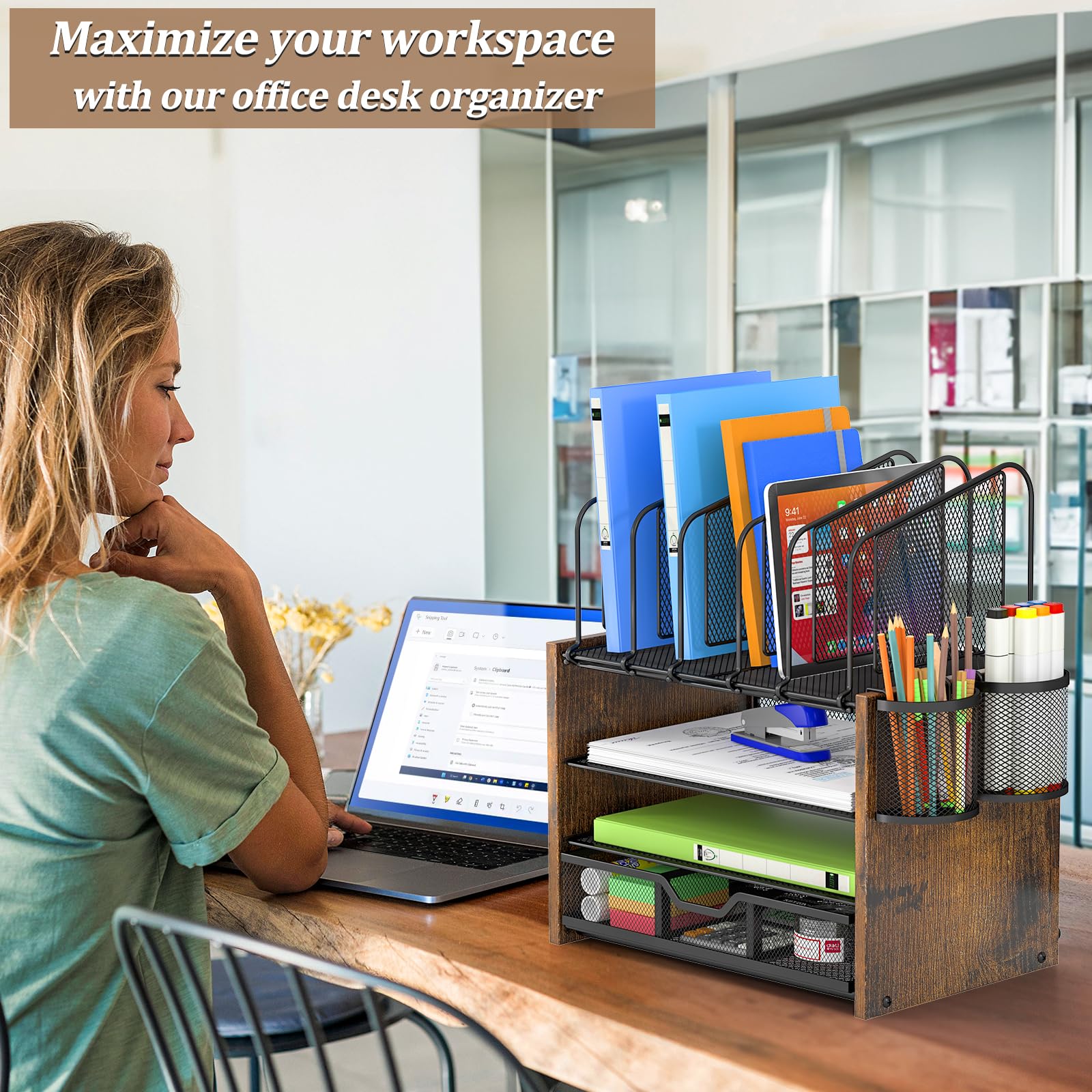 DAOUTIME 4-Tier Mesh Desk Organizer, Wooden Desk File Organizer with 5 Vertical File Holders and 2