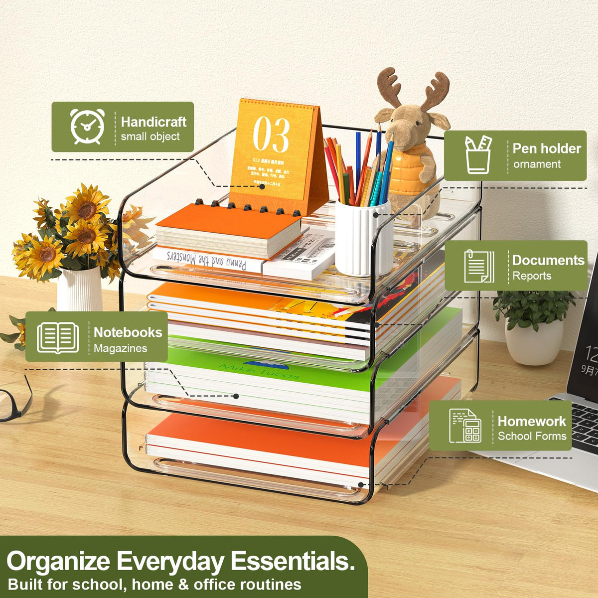 FANXIYQ 4-Tier Acrylic Paper Tray Organizer, Clear Stackable Desk File Organizer for Documents