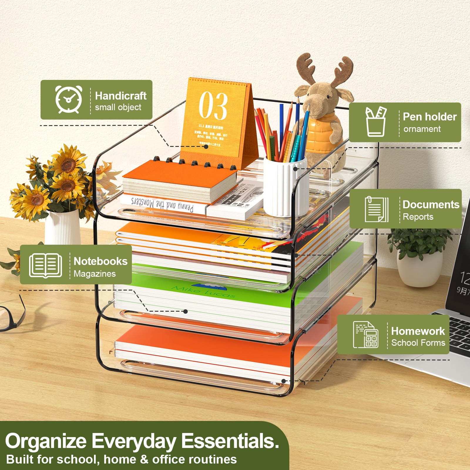 FANXIYQ 4-Tier Acrylic Paper Tray Organizer, Clear Stackable Desk File Organizer for Documents