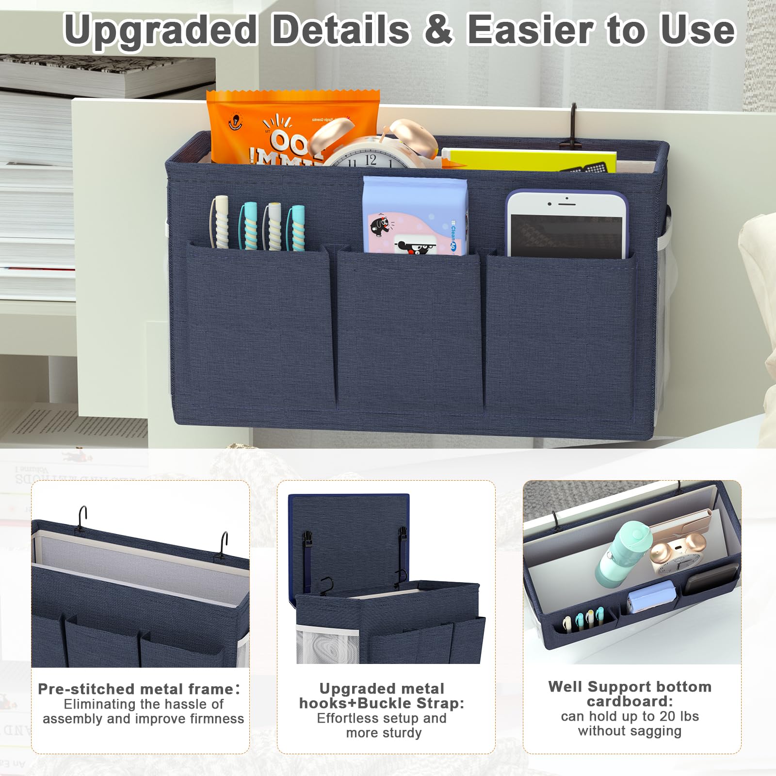 Bedside Caddy Storage Organizer for Bed Rails, Bed Caddy with 6 Pockets