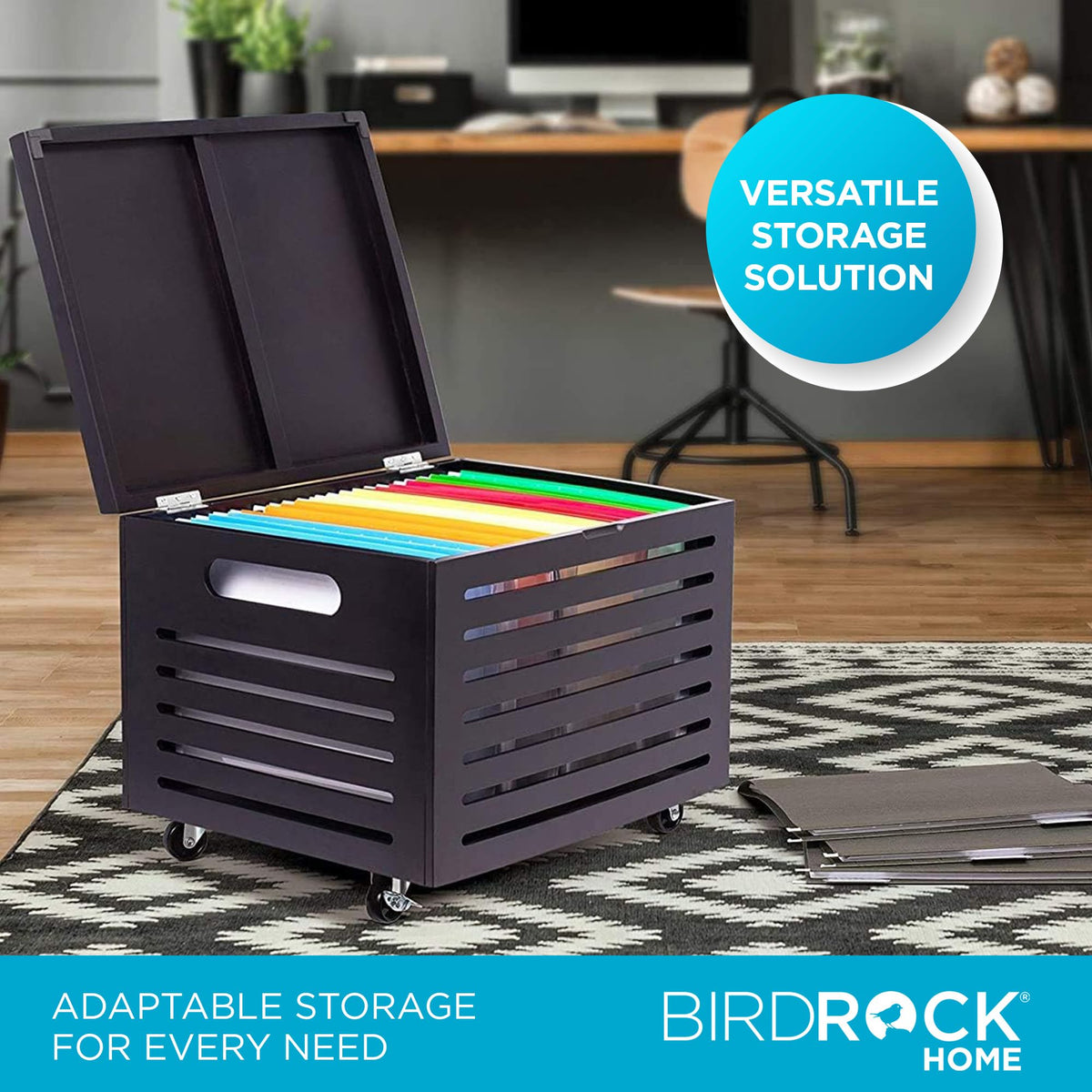 BIRDROCK HOME Bamboo Rolling File Storage Organizer Box with Lid - Decorative File Cabinet on