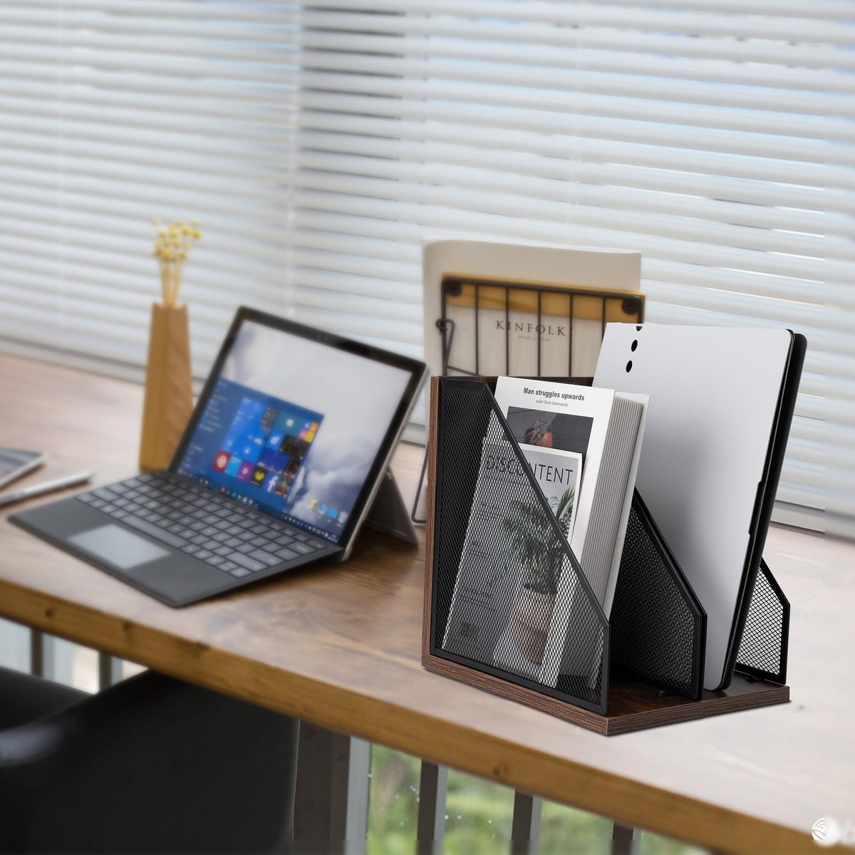 ASIFMTHOT Antique Wooden Magazine Holder,Mesh File Holder for Desk, Office Desk Accessories