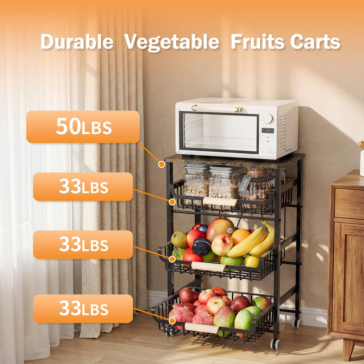 JAQ Fruit Vegetables Carts, 4-Tier Slide Out Metal Storage Baskets Stand Organizers with Wood Top