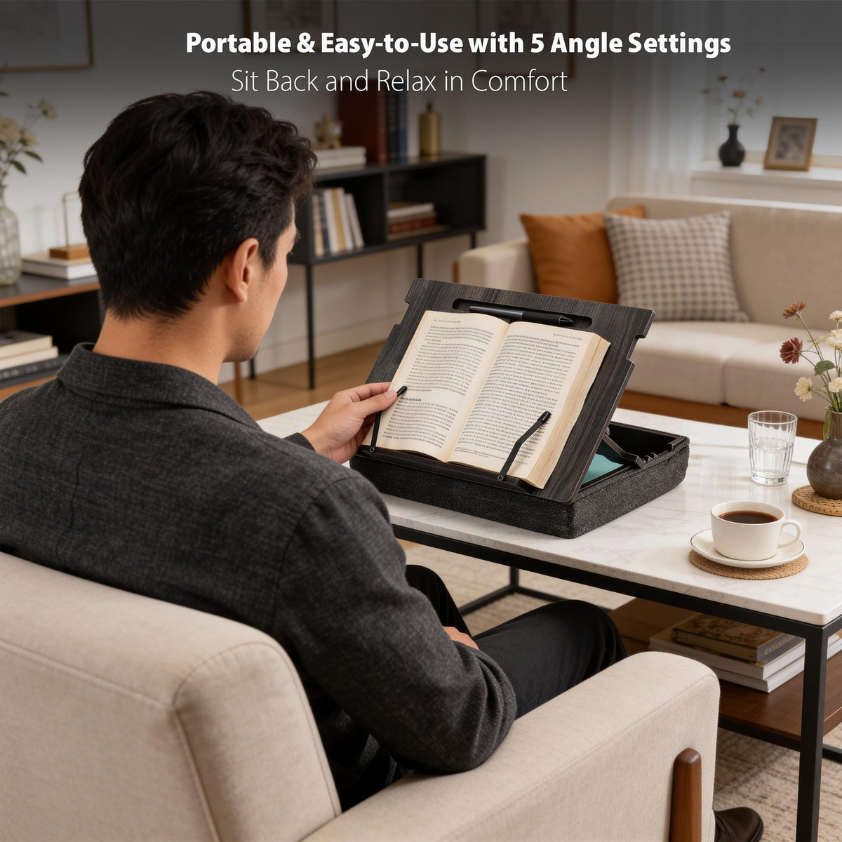 Vigo Wood Lap Reading Desk with Cushion, Adjustable Incline Book Stand with Storage Compartment
