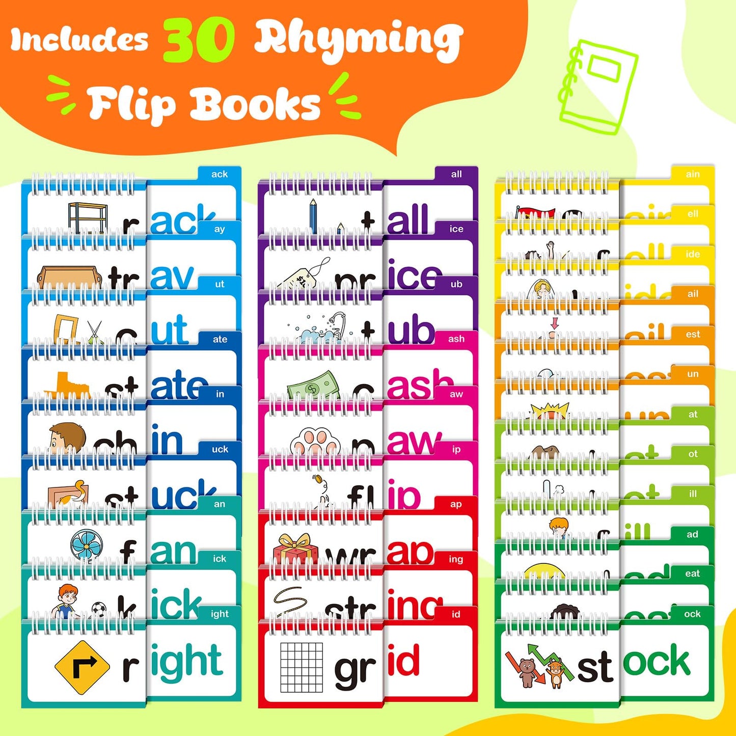 Zazopup 30 Read and Rhyme Flip Books,Word Family Build Book,Learn to Read Phonics Flash Cards,Sight