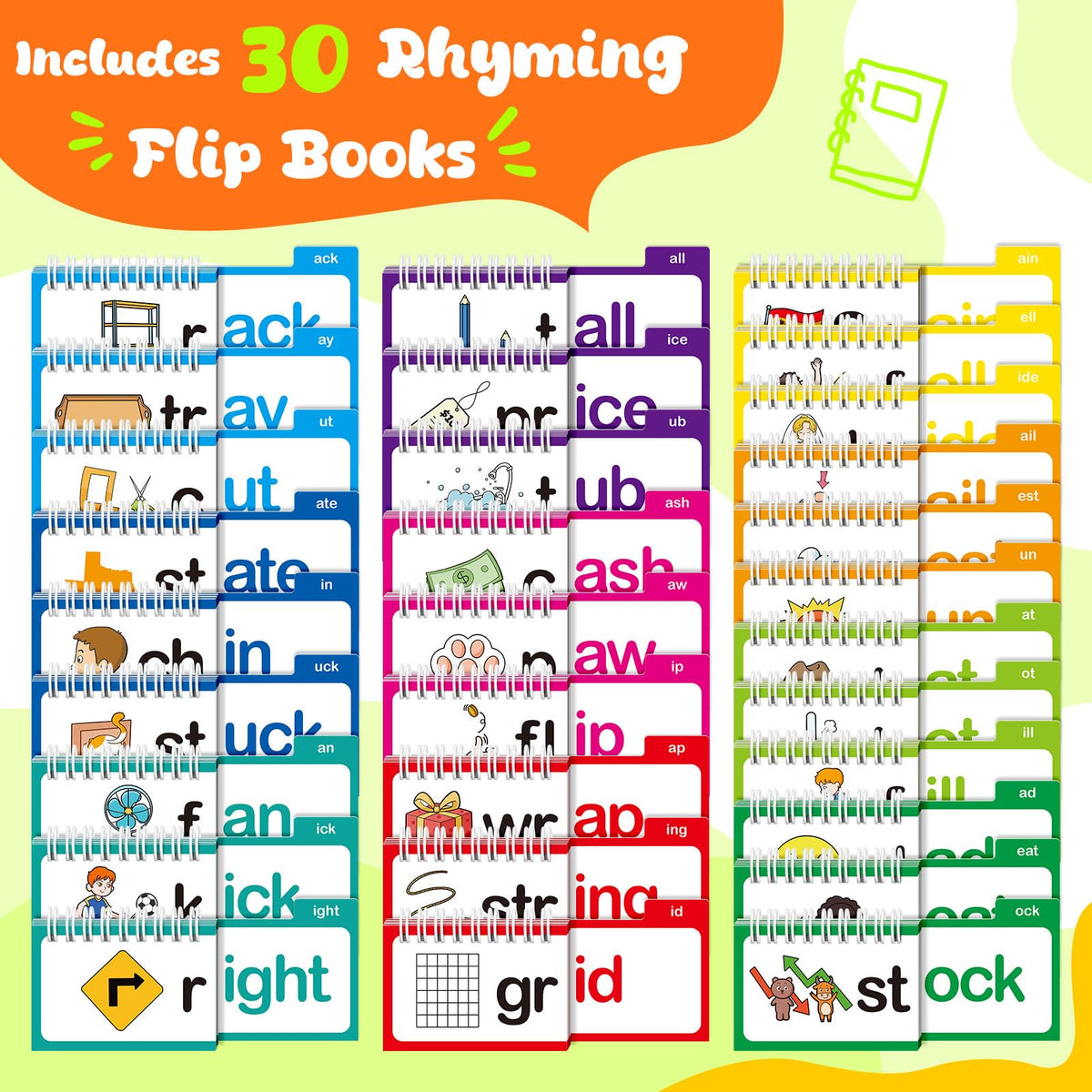 Zazopup 30 Read and Rhyme Flip Books,Word Family Build Book,Learn to Read Phonics Flash Cards,Sight