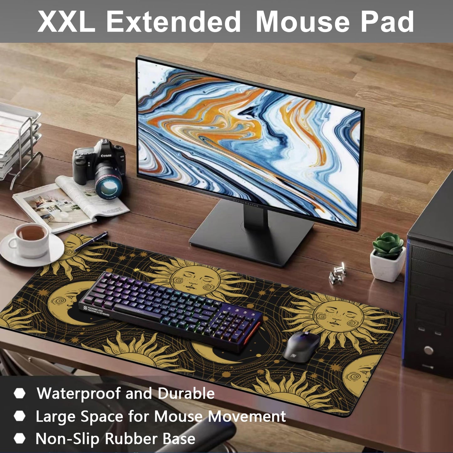 Mouse Pad, Large Golden Sun and Crescent Desk Mat, Extended Non-Slip Gaming Keyboard Mousepad Desk