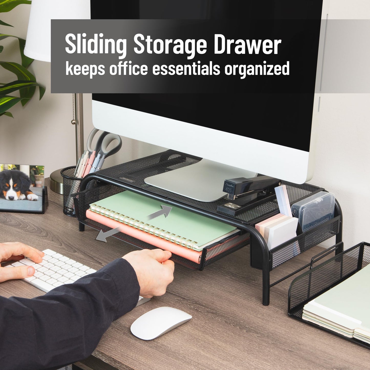 Mind Reader Monitor Stand, Ventilated Laptop Riser, Paper Tray, Office, Metal Mesh, Set of 2, Black
