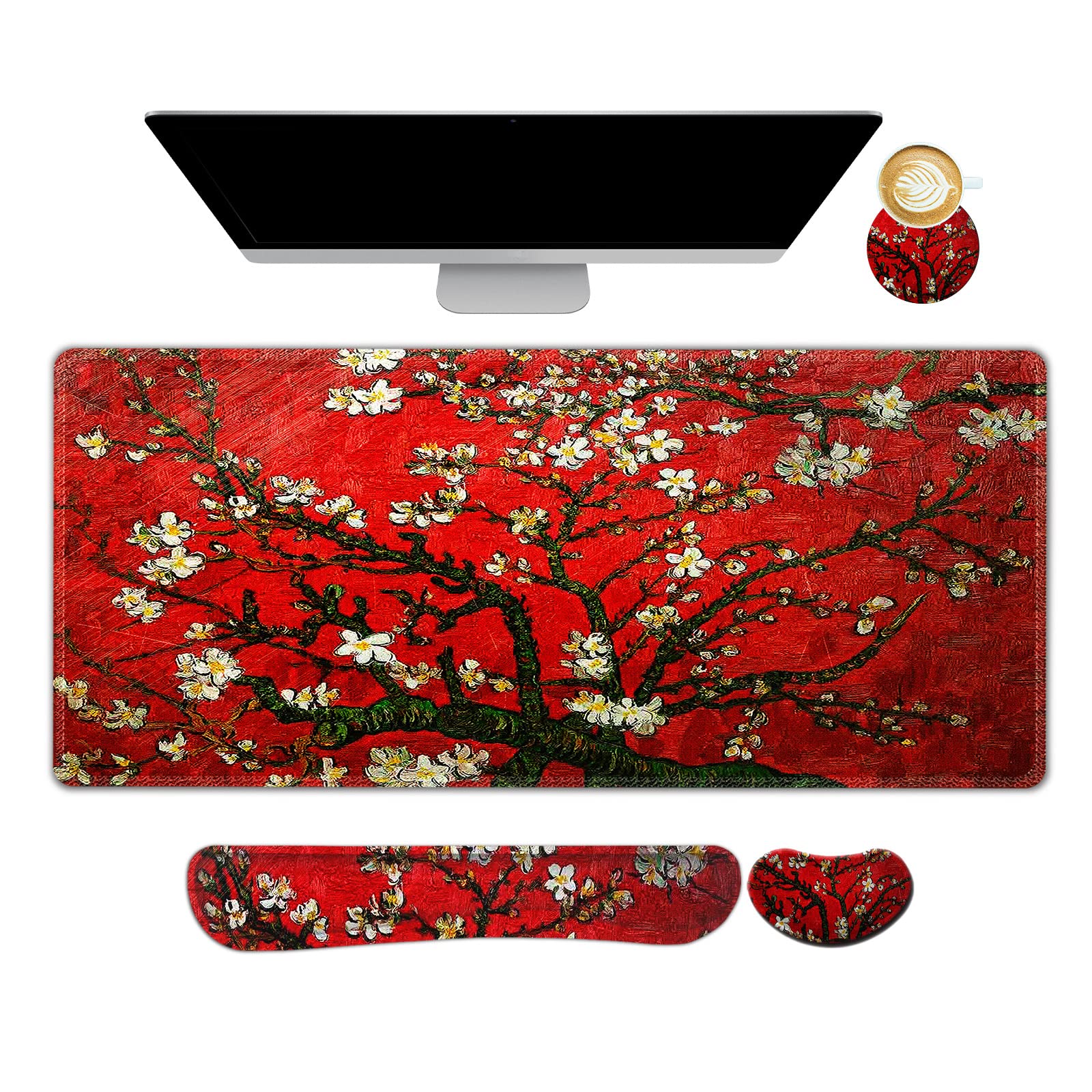 ARTSO Large Gaming Mouse Pad, Keyboard Wrist Rest Pad & Wrist Support Mousepad Set, Stitched Edge