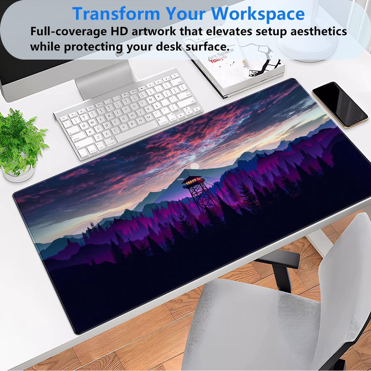 Purple and Black Desk Mat, Mountain Forest Large Gaming Mouse Pad