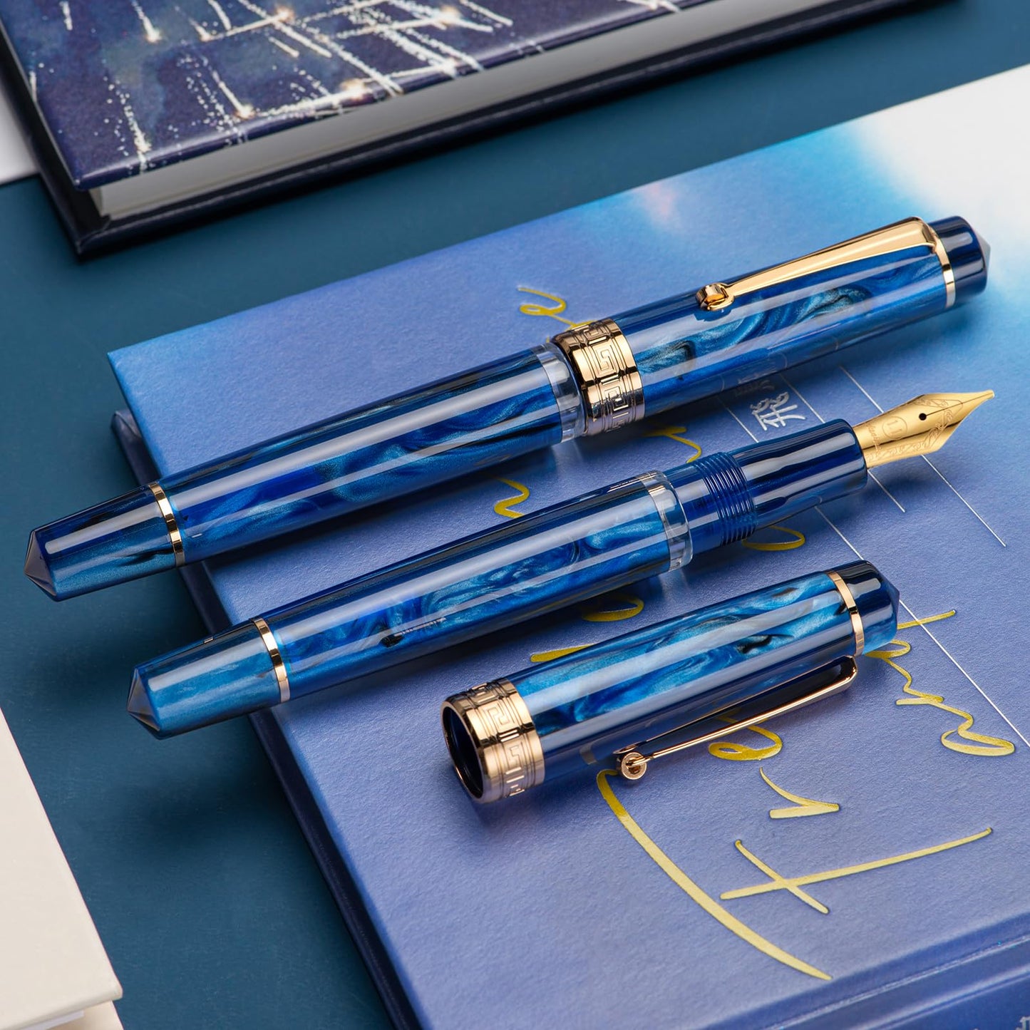 Asvine P20 Piston Fountain Pen, Stub Nib 1.1mm Calligraphy Art Drawing Galaxy Blue Acrylic with