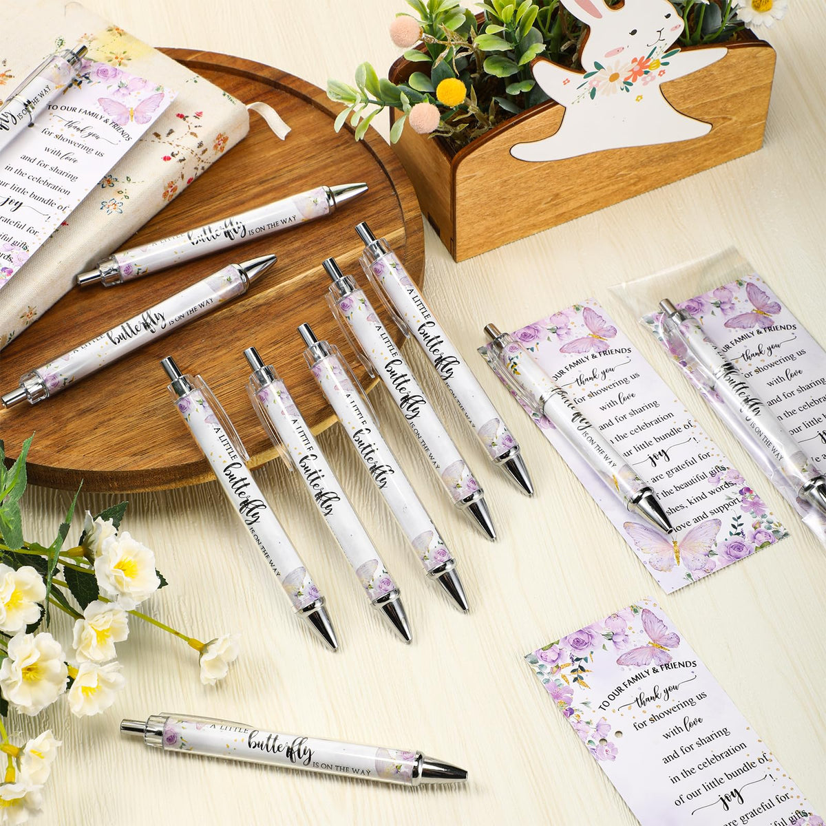 Dinifee 36 Sets Butterfly Baby Shower Favor, Purple Pen with Greeting Cards