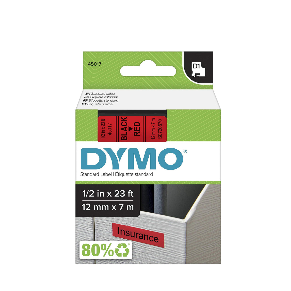 DYMO Standard D1 43610 Labeling Tape (Black Print on Clear Tape, 1/4'' W x 23' L, 1 Cartridge)
