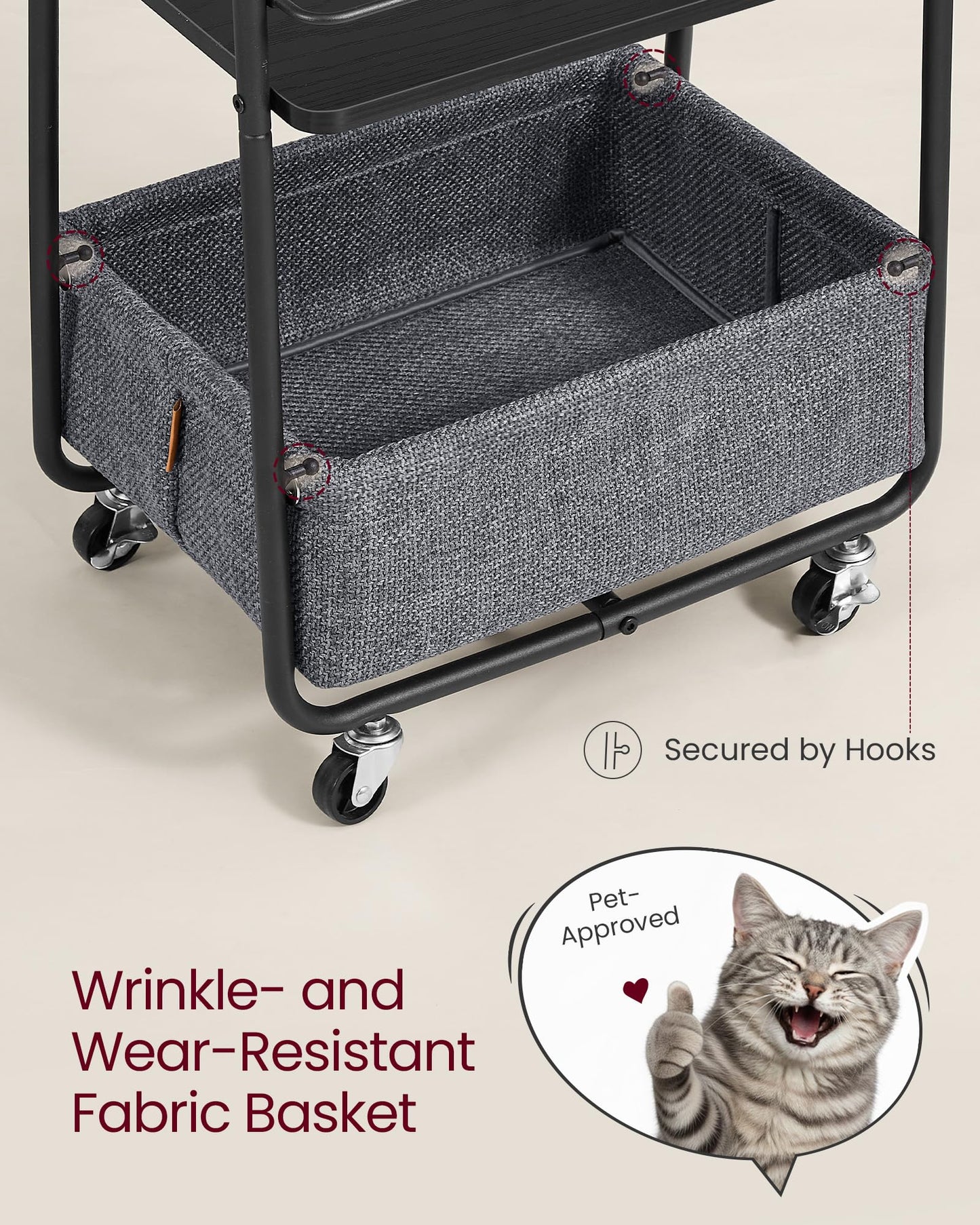 VASAGLE Storage Cart with Fabric Basket, 3-Tier Rolling Utility Cart