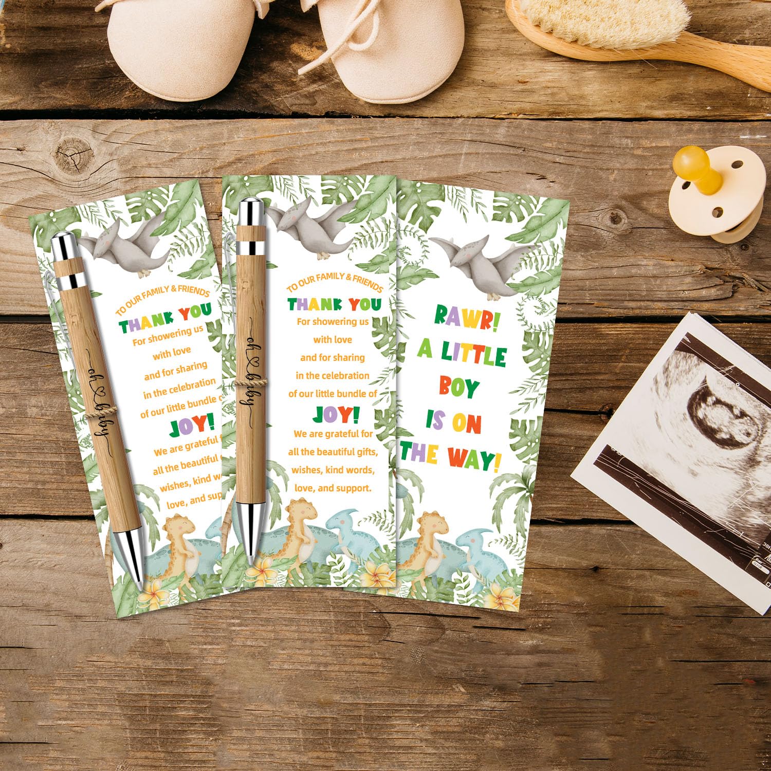 30 Pcs Dinosaur Baby Shower Favors Bulk, Bamboo Pens and Greeting Cards