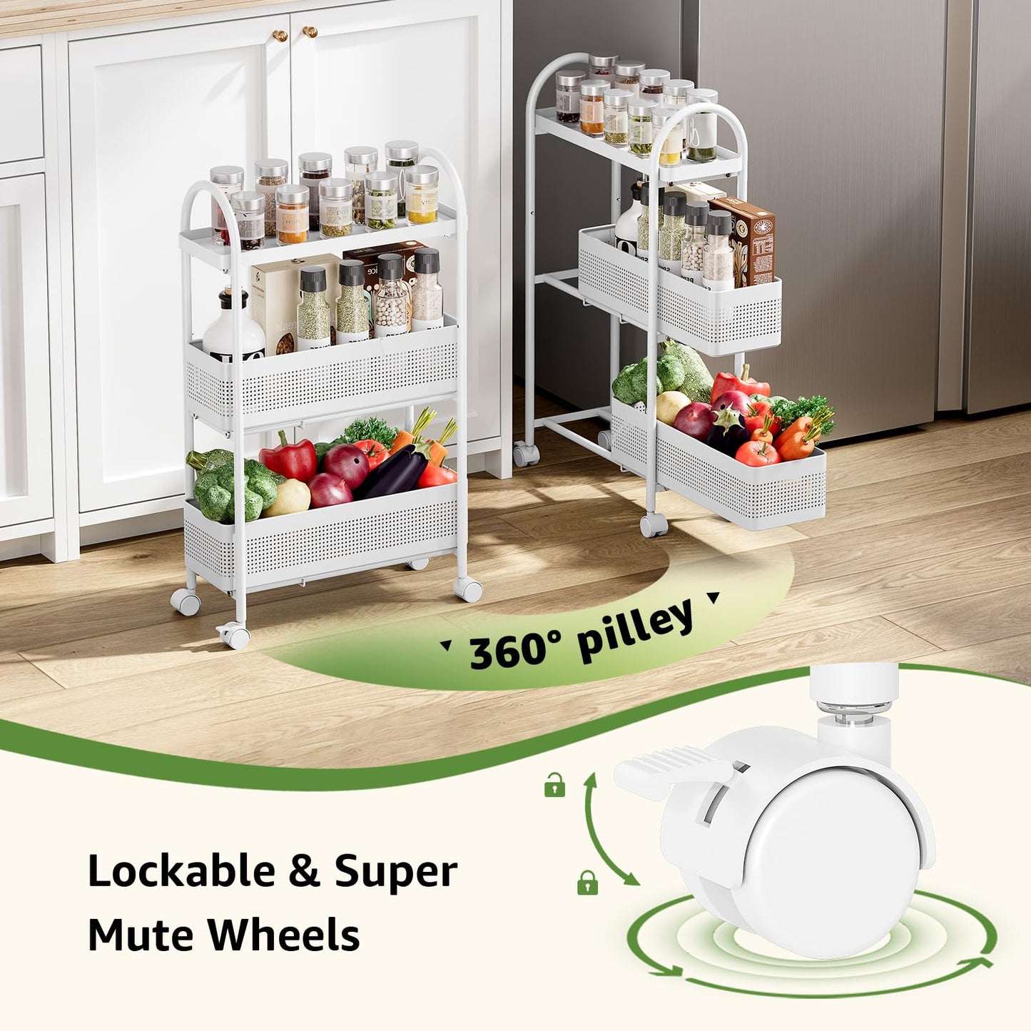 KINGRACK 3 Tier Slim Rolling Cart with Drawer, Metal Utility Storage Cart