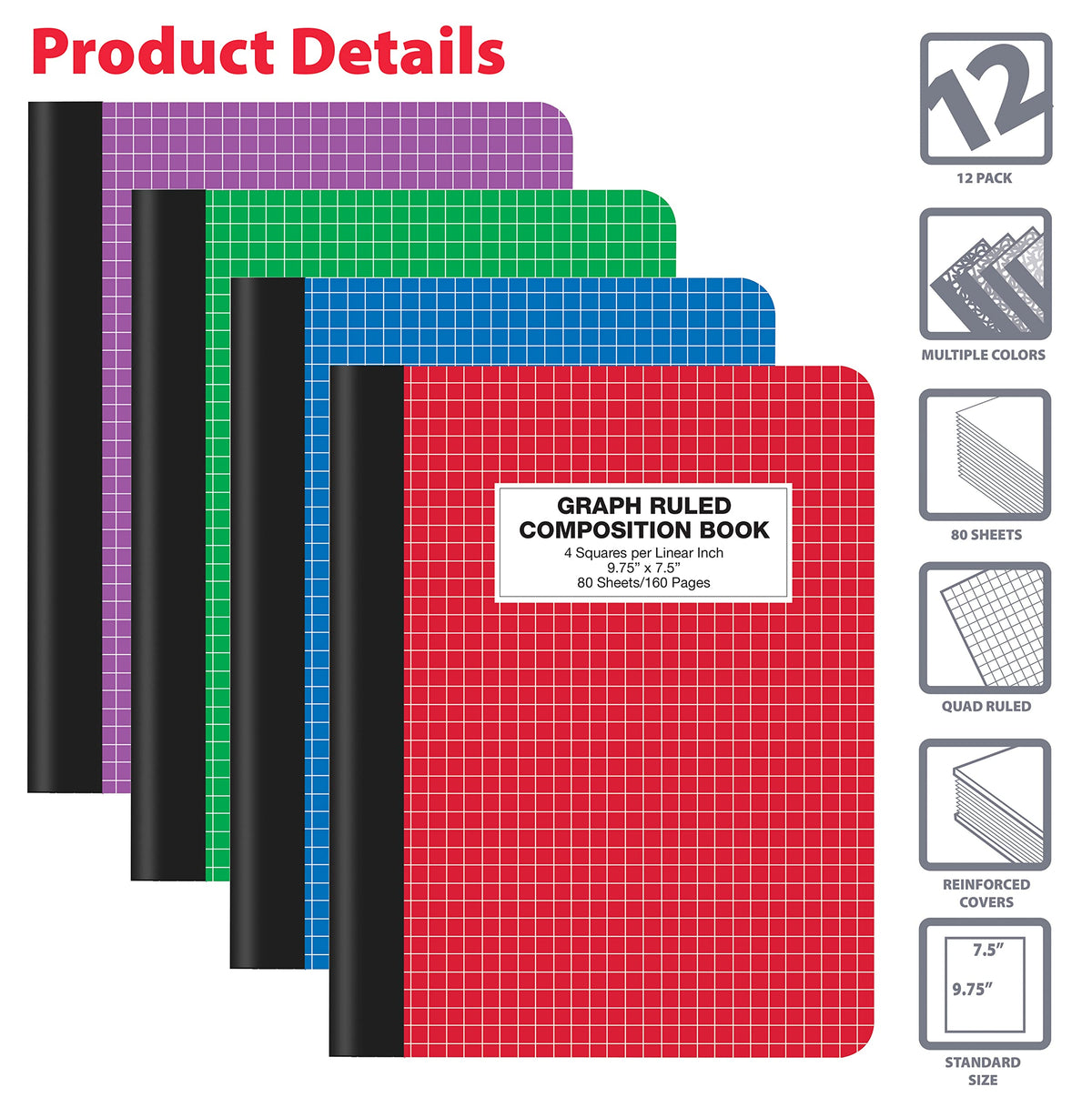 Better Office Products Quad Ruled Composition Book Notebook, 12 Pack, Hardcover 4x4 Graph Ruled