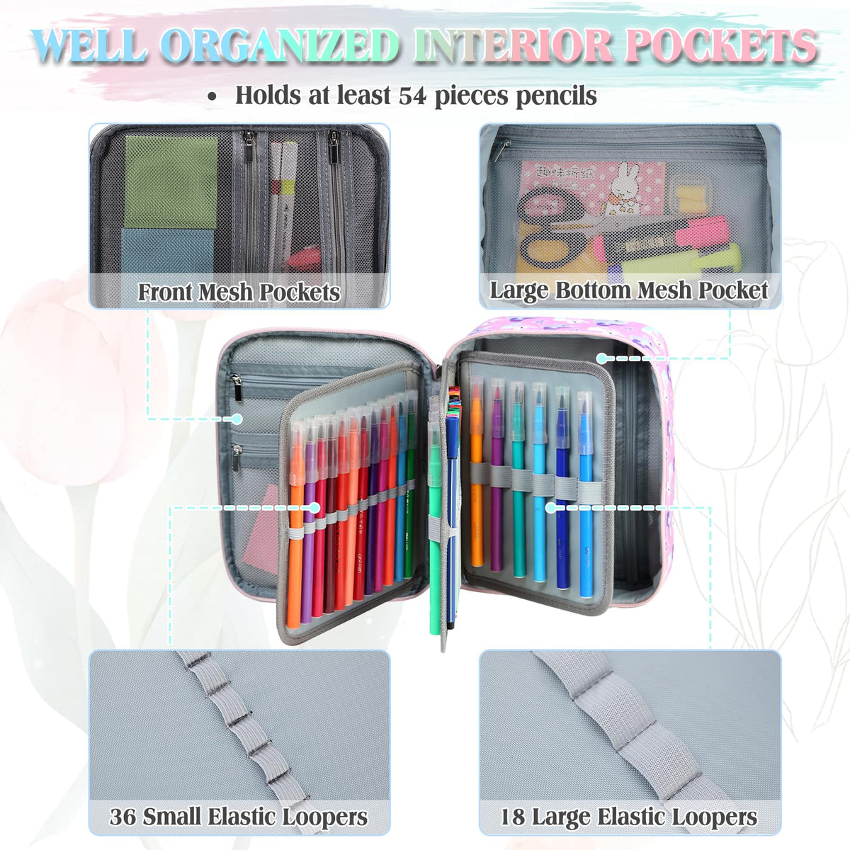 VX VONXURY Large Pencil Case, 54-Slot Colored Pen Pouch 2 Removable Sleeves