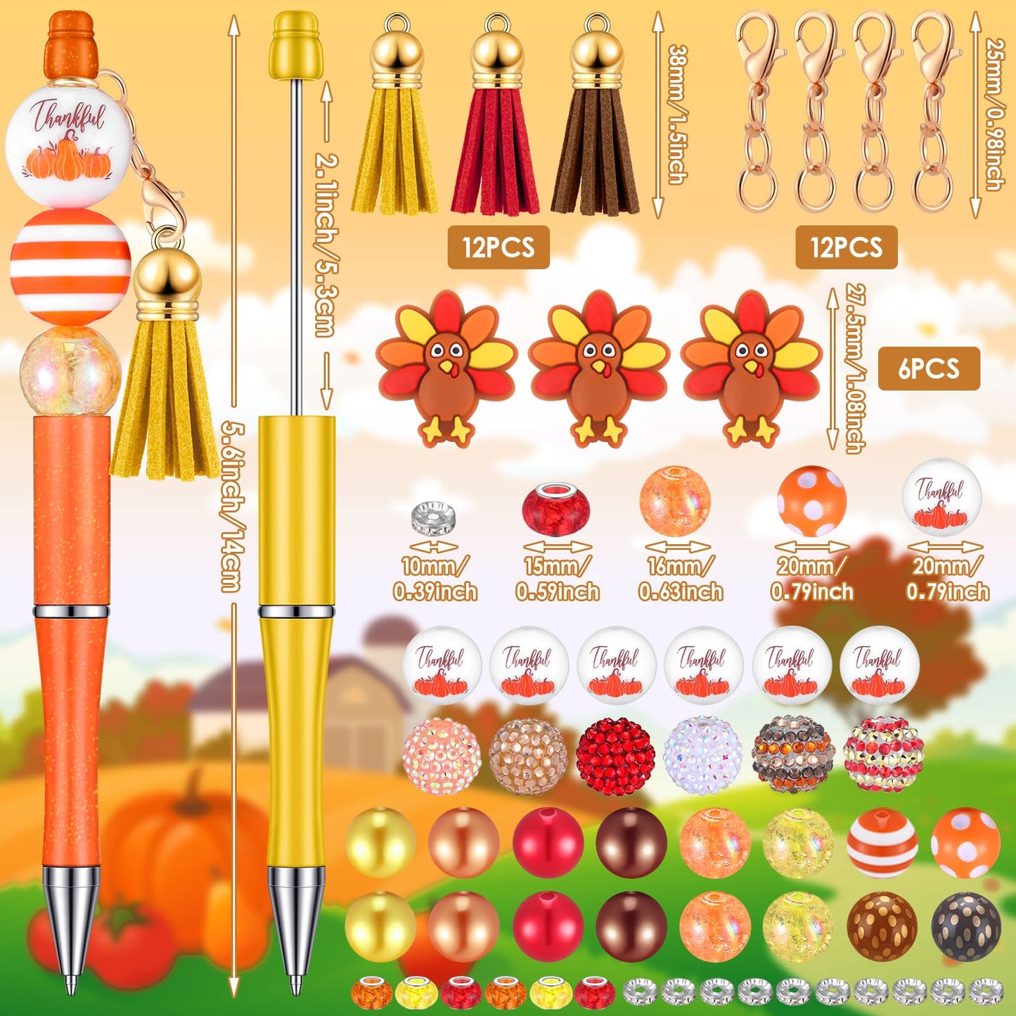 Jutom 12 Thanksgiving Bead Pens DIY Kit 50 Beads 12 Tassels Turkey Pendants