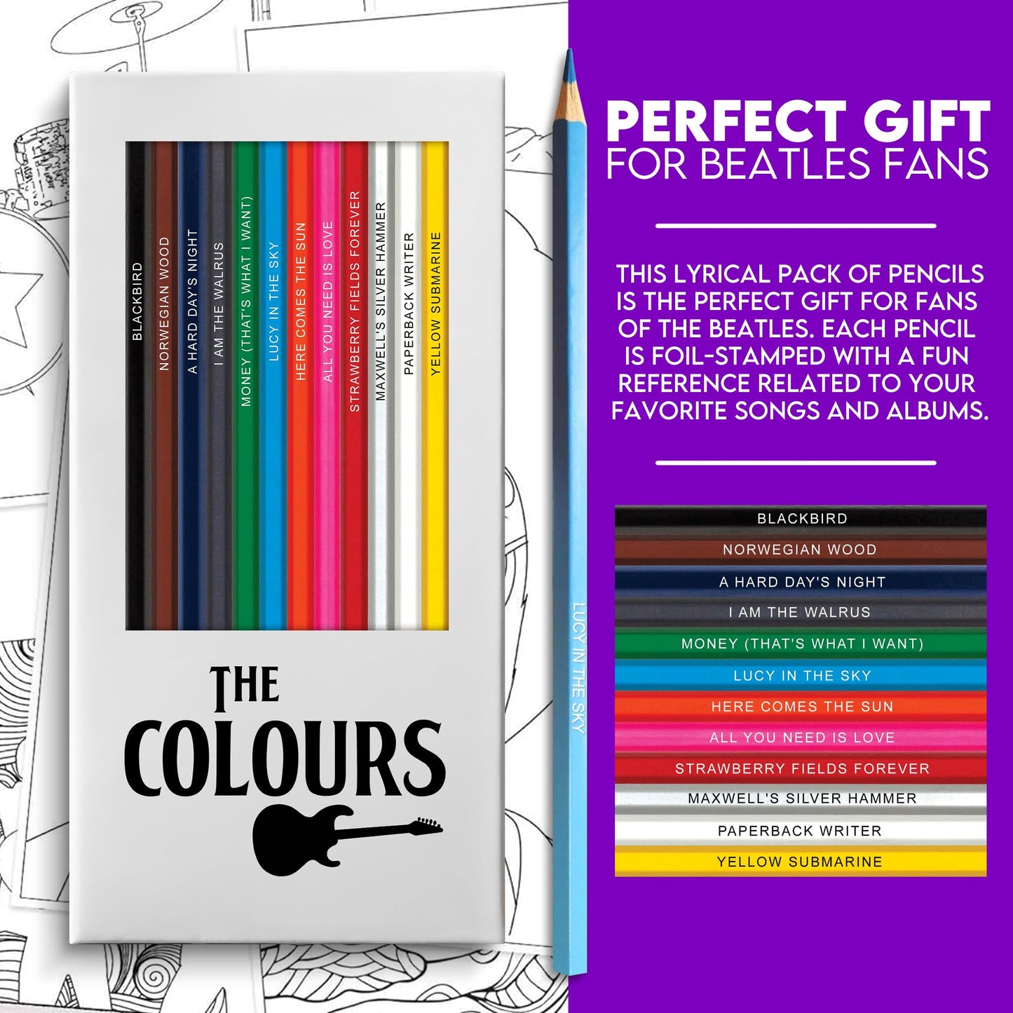 Pun Labs Music Icons Colored Pencils, 12 Foil-Stamped Gift Set