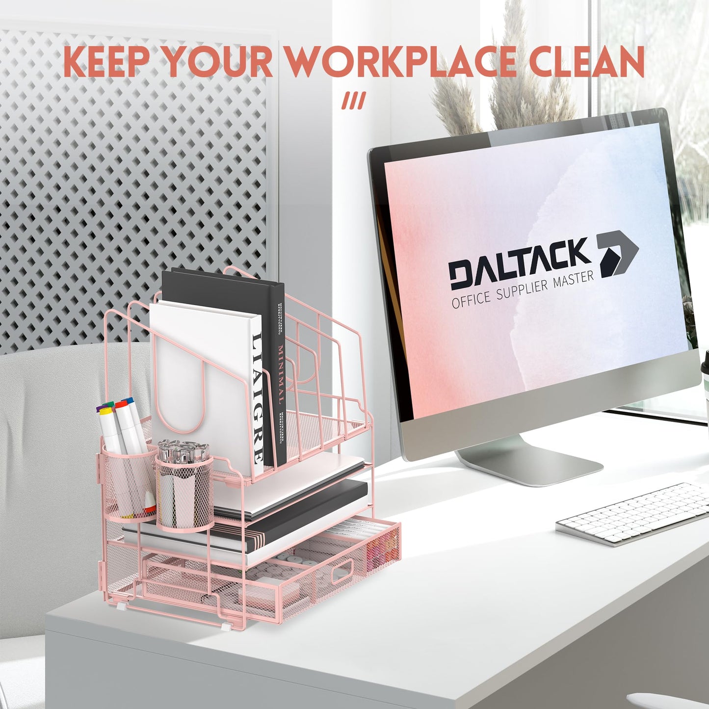DALTACK 4-Tier Mesh Desk Organizer with Drawer, Desktop Organizer with 5 Vertical File Holders and