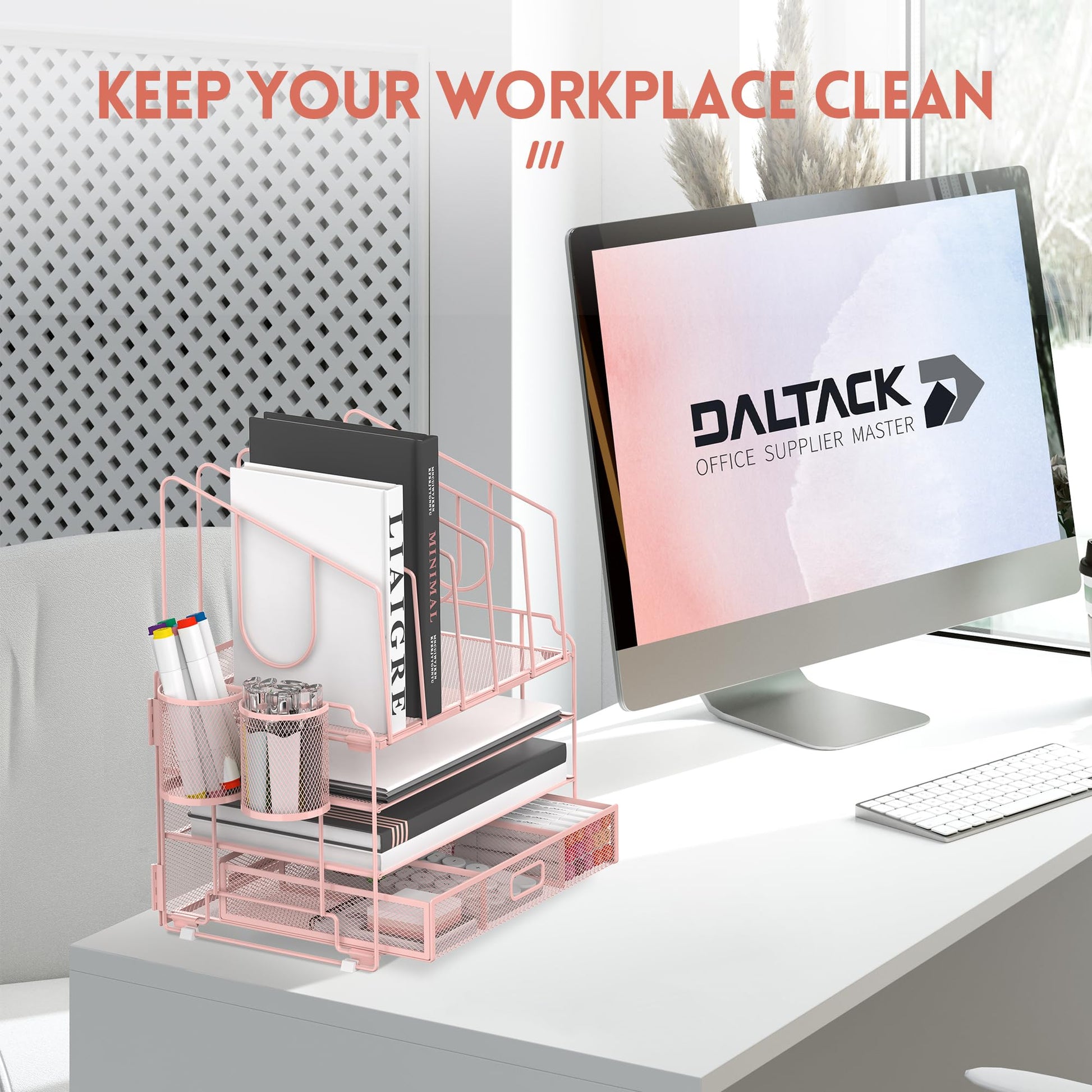 DALTACK 4-Tier Mesh Desk Organizer with Drawer, Desktop Organizer with 5 Vertical File Holders and
