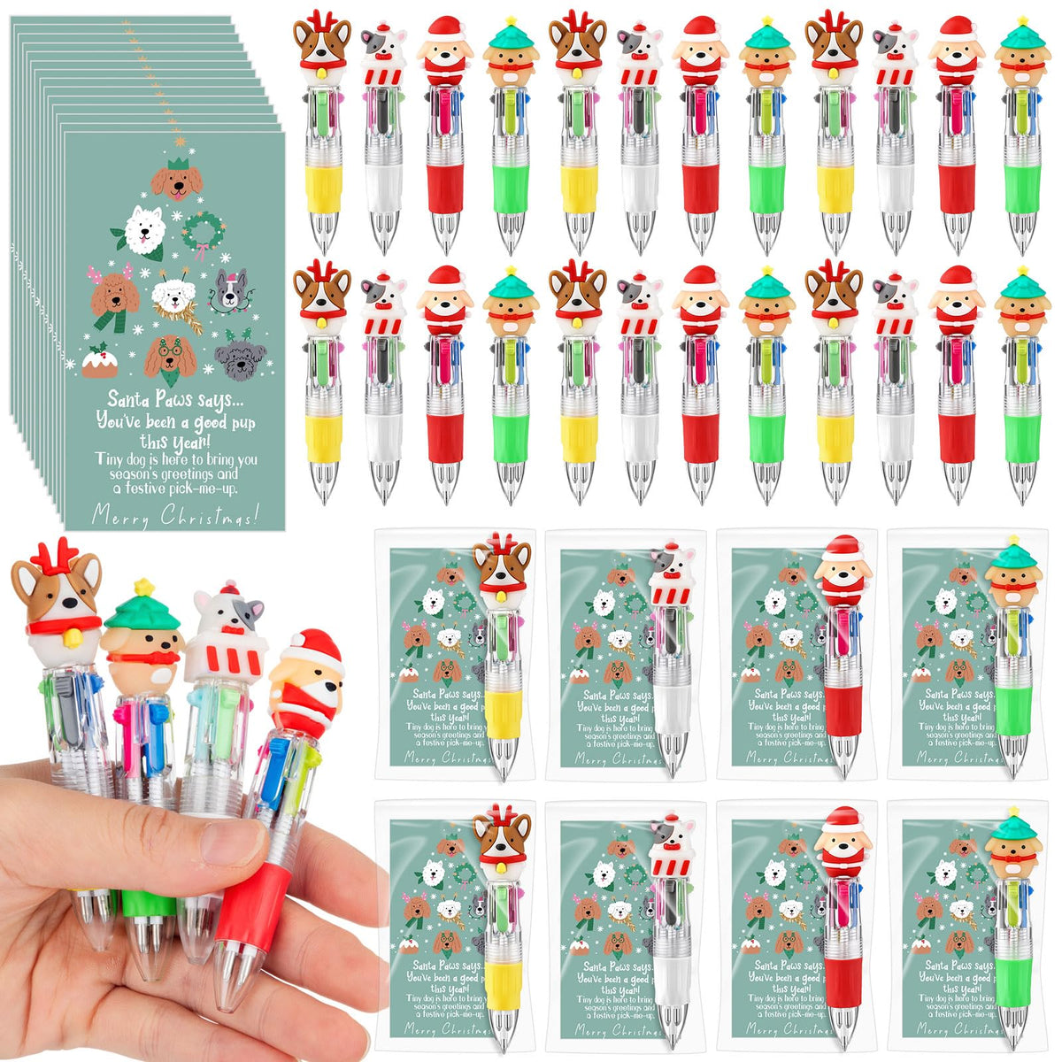 Sayglossy 24 Sets Christmas Dog Pens Bulk with Cards, 4-in-1 Multicolor Retractable Ballpoint Pens