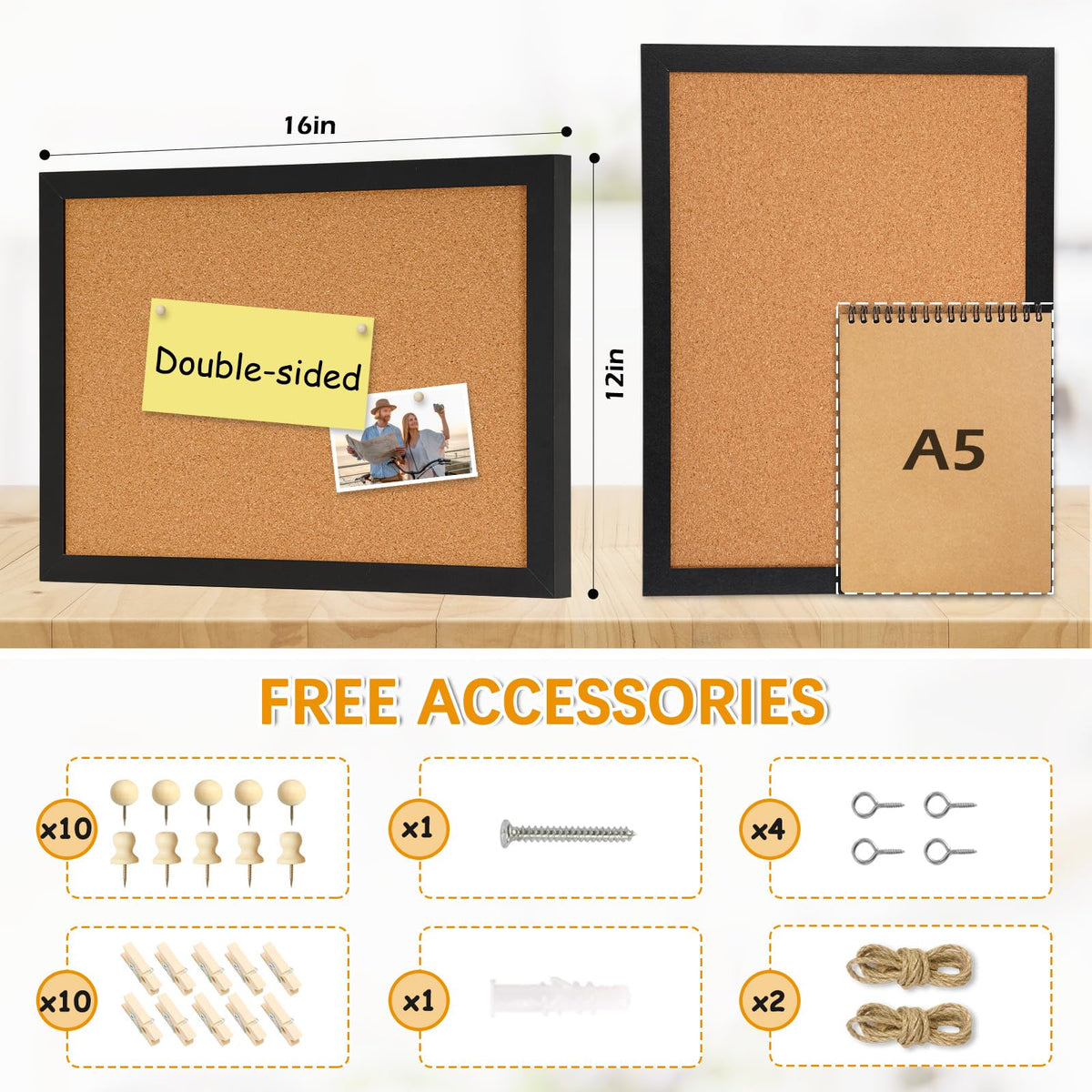 DOLLAR BOSS Double-Sided Black Cork Board, 16"x12" Bulletin Board