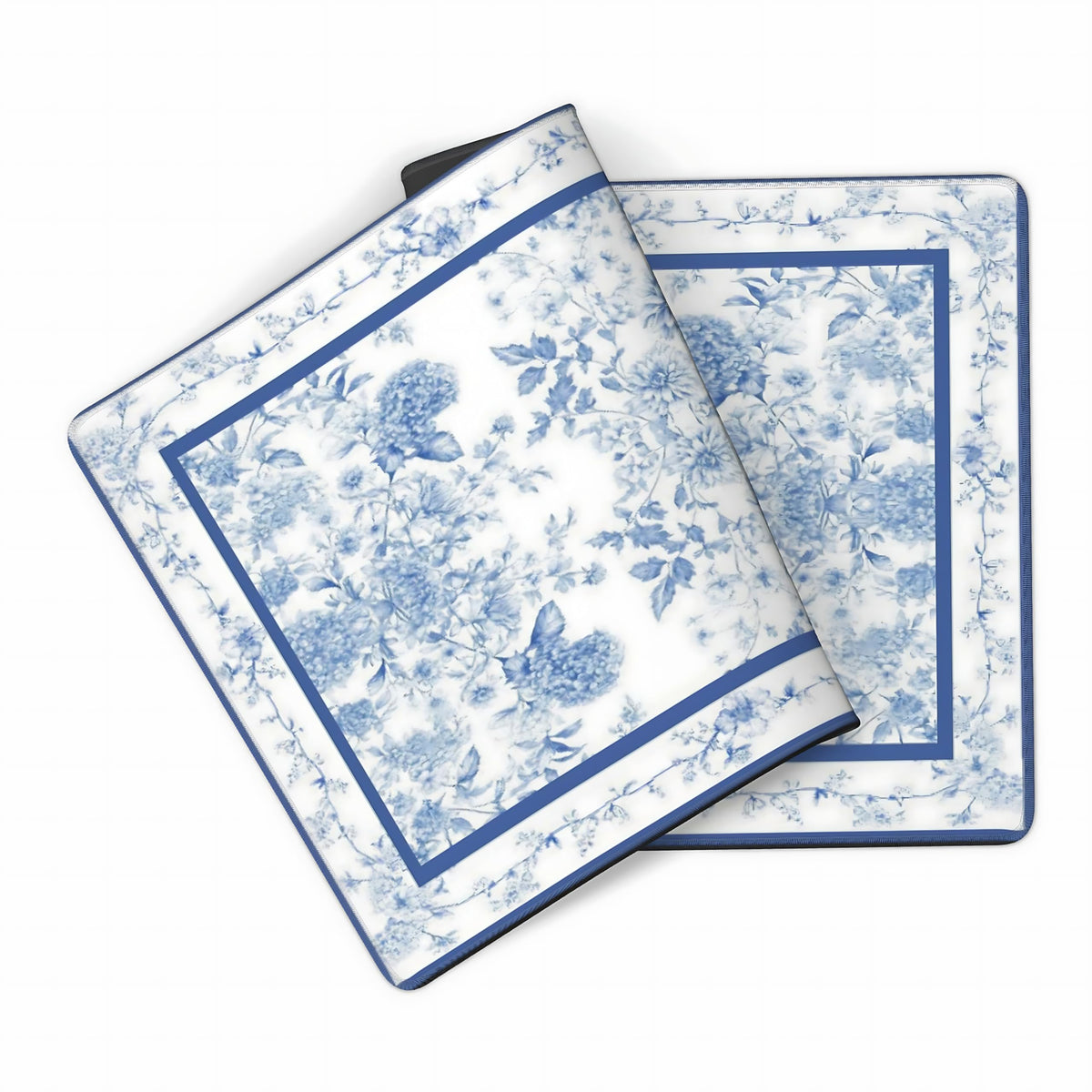 Floral Aesthetic Dahlia Gaming Mouse Pad, White Blue Rug Desk Mat with Anti-Slip Base & Stitched