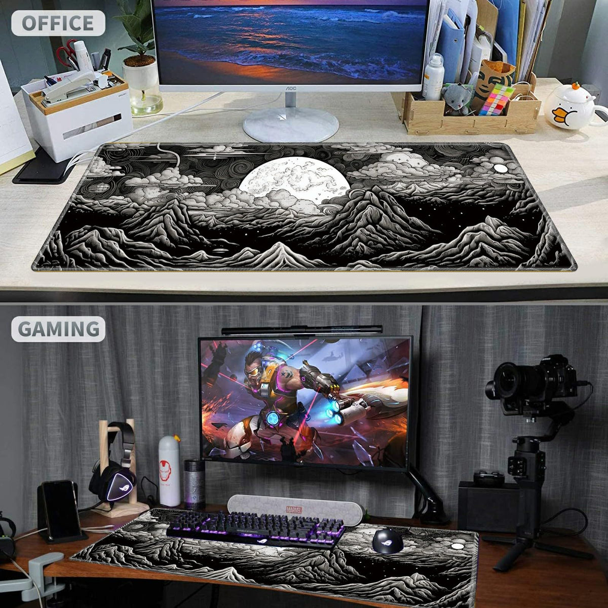 Large Gaming Mouse Pad Plus a Coasters + Cable Clips, White Black Landscape Extended Mousepad (31.5