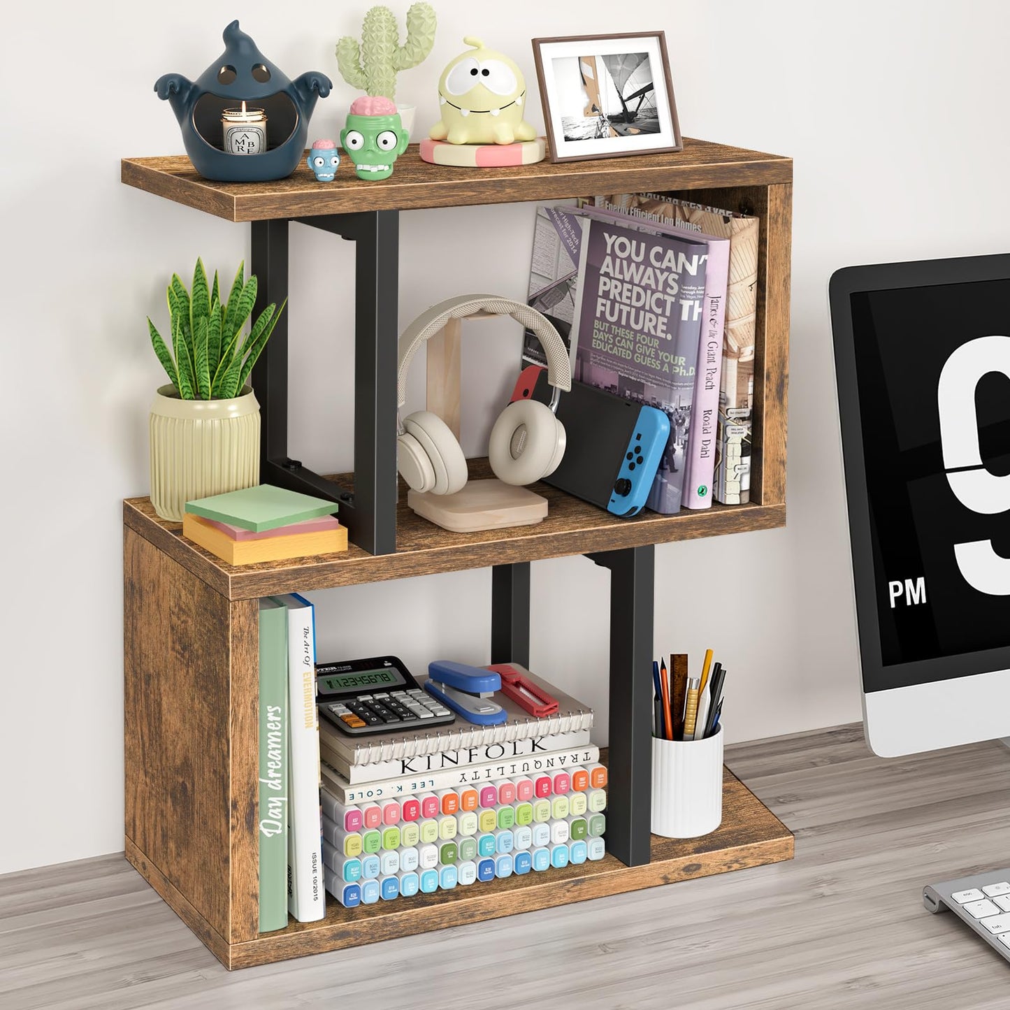 IGERI Desktop Bookshelf for Top of Desk Shelf - Brown Book Organizer 3-Tier Shelves Storage Small