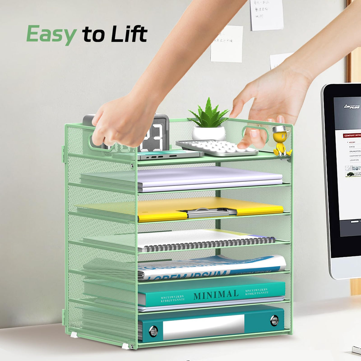 7 Tier Paper Organizer for Desk with Letter Trays & Handle Mint Green