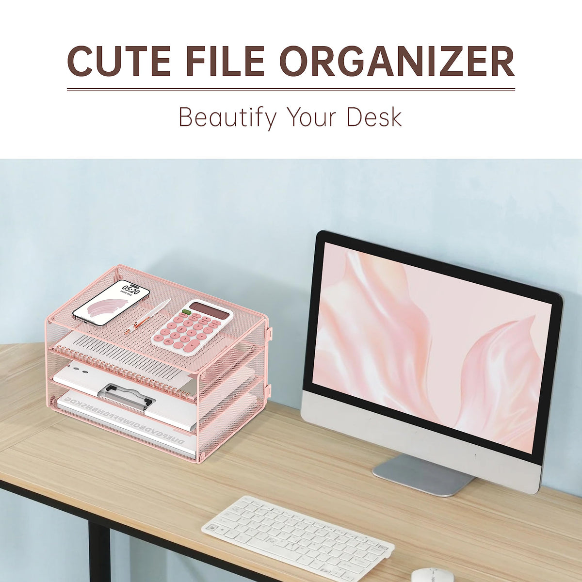 DALTACK 3 Tier Letter Tray Paper Organizer with Sliding Mesh Trays Pink