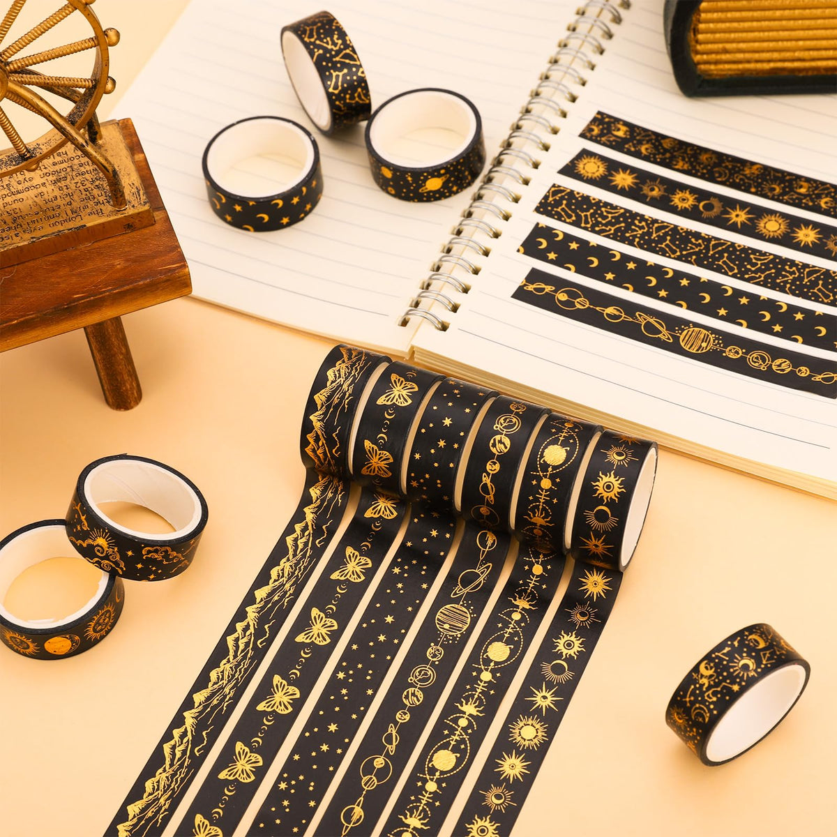 Whaline 12 Rolls Gold Foil Galaxy Washi Tape Black Gold Sun Moon Star Masking Tape Set Decorative