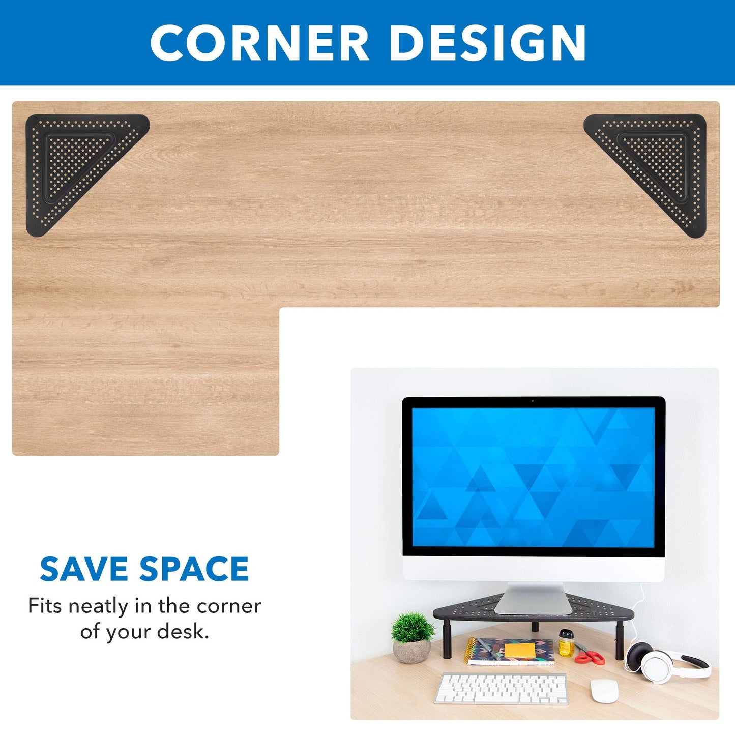 Corner Monitor Stand | Adjustable Height Corner Desk Shelf | Triangle Screen Riser, Ergonomic Space