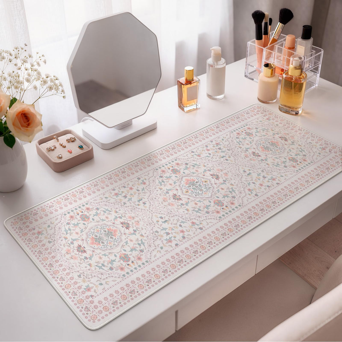 HAOCOO Light Pink Floral Mousepad, 31.5" x 11.8" Keyboard Mat for School