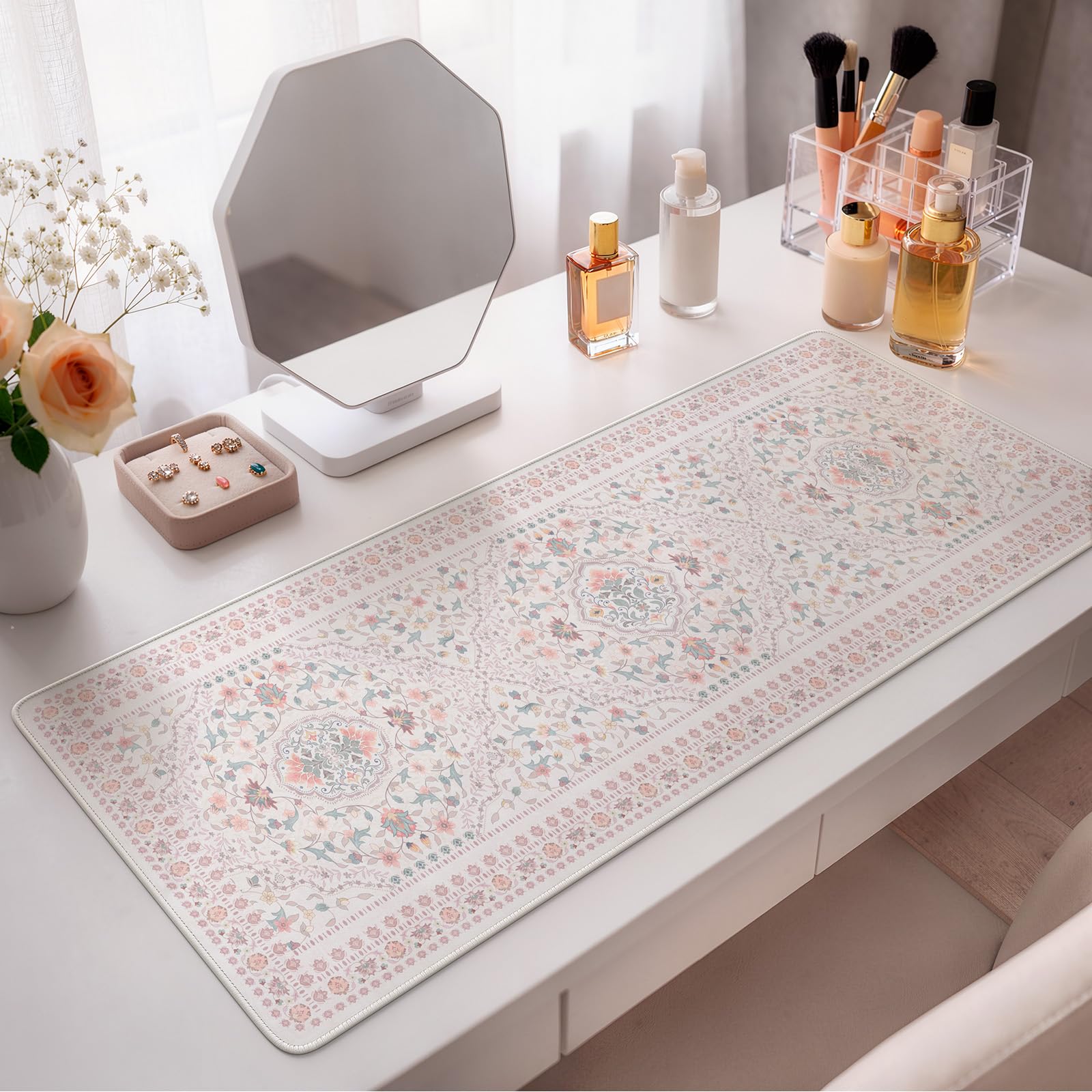 HAOCOO Light Pink Floral Mousepad, 31.5" x 11.8" Keyboard Mat for School
