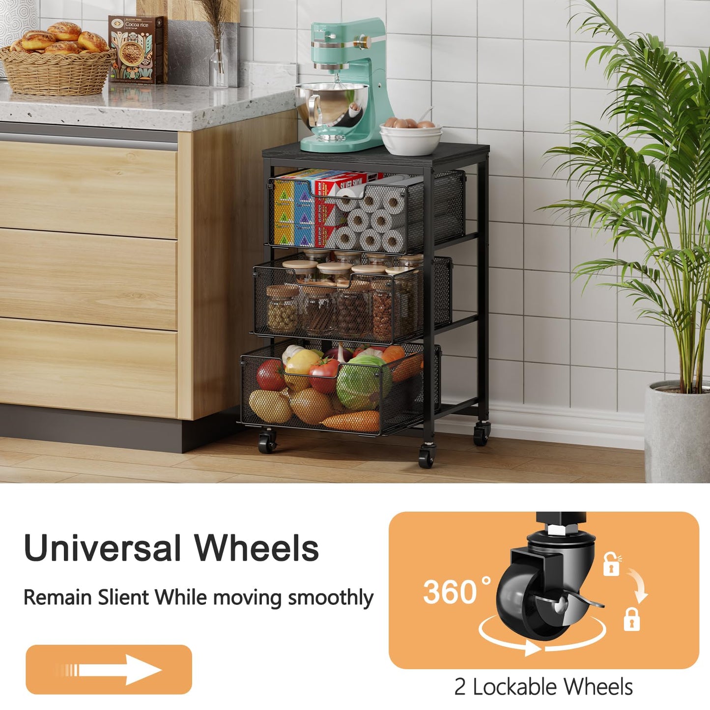 Pantry Organizer and Storage Cart, 3-Tier Kitchen Storage Cart with Drawer, Fruit Vegetable Storage