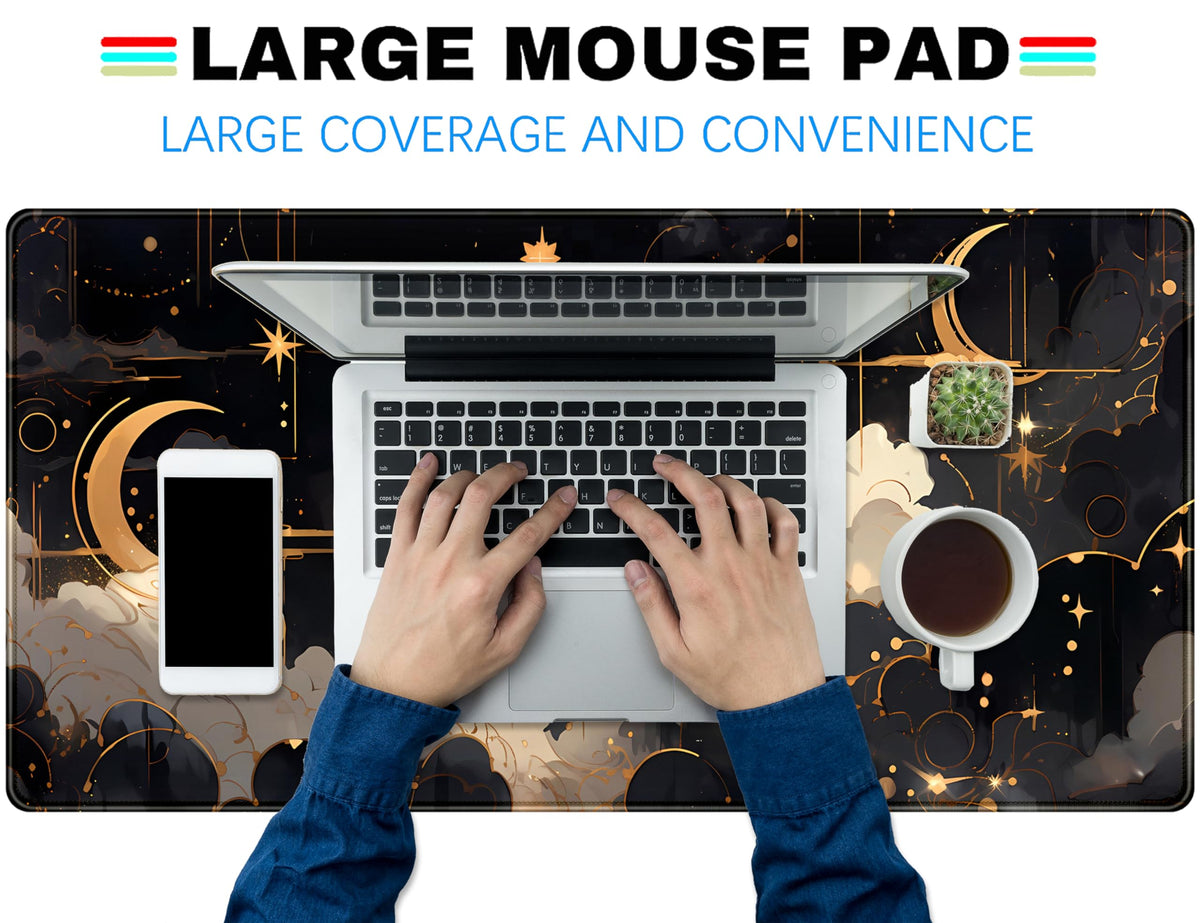 Black and Gold Celestial Desk Mat XXL Extended Gaming Mouse Pad Large Mousepad with Stitched Edges