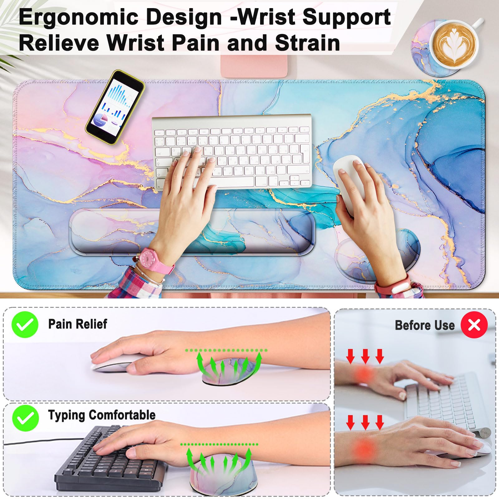 4 in 1 Mouse Pad and Keyboard Wrist Rest,Large Desk Mat,Coaster Set-Marble