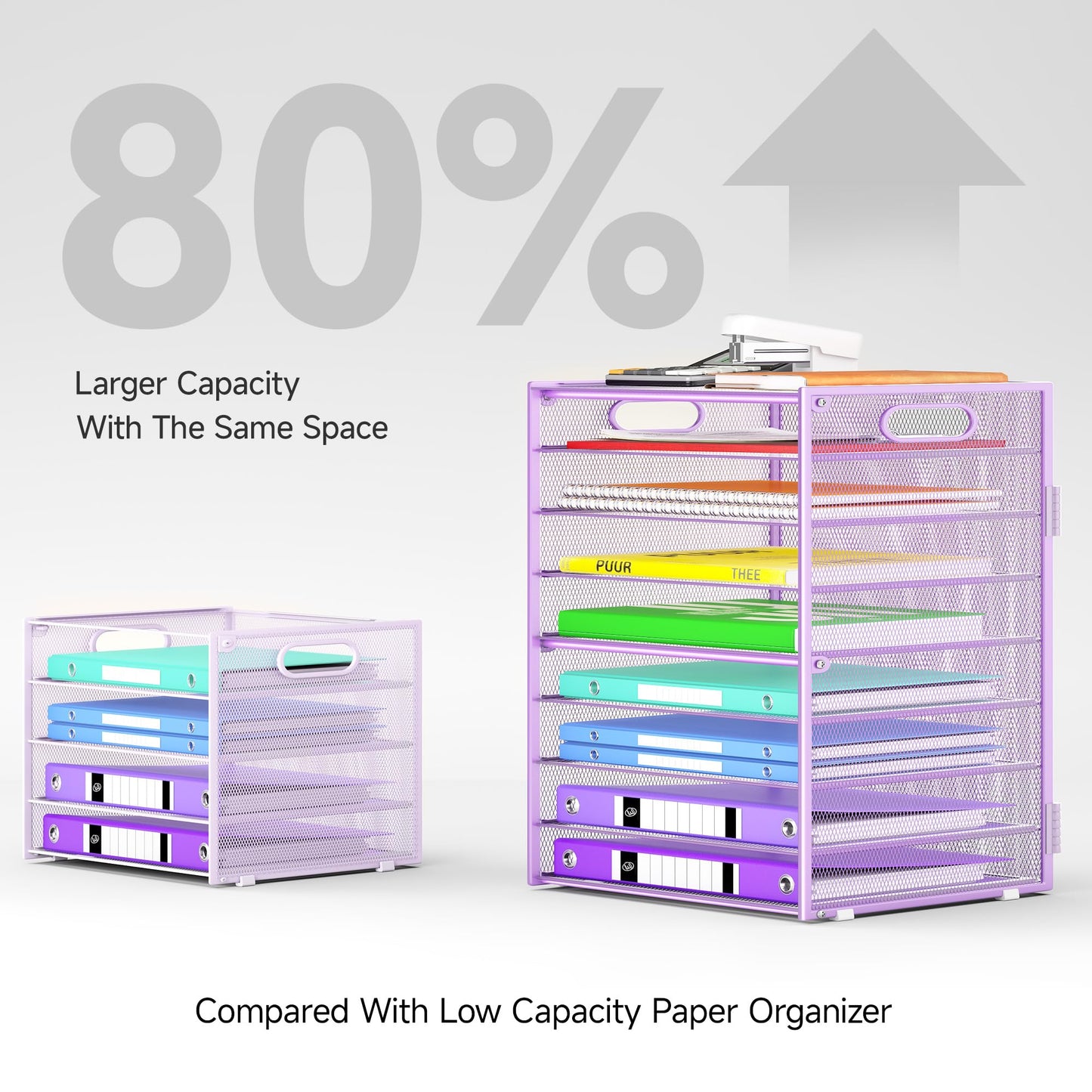Cawukege 9 Tier Paper Organizer with Handle, Purple Large Capacity Desk Organizer Mesh File Folder
