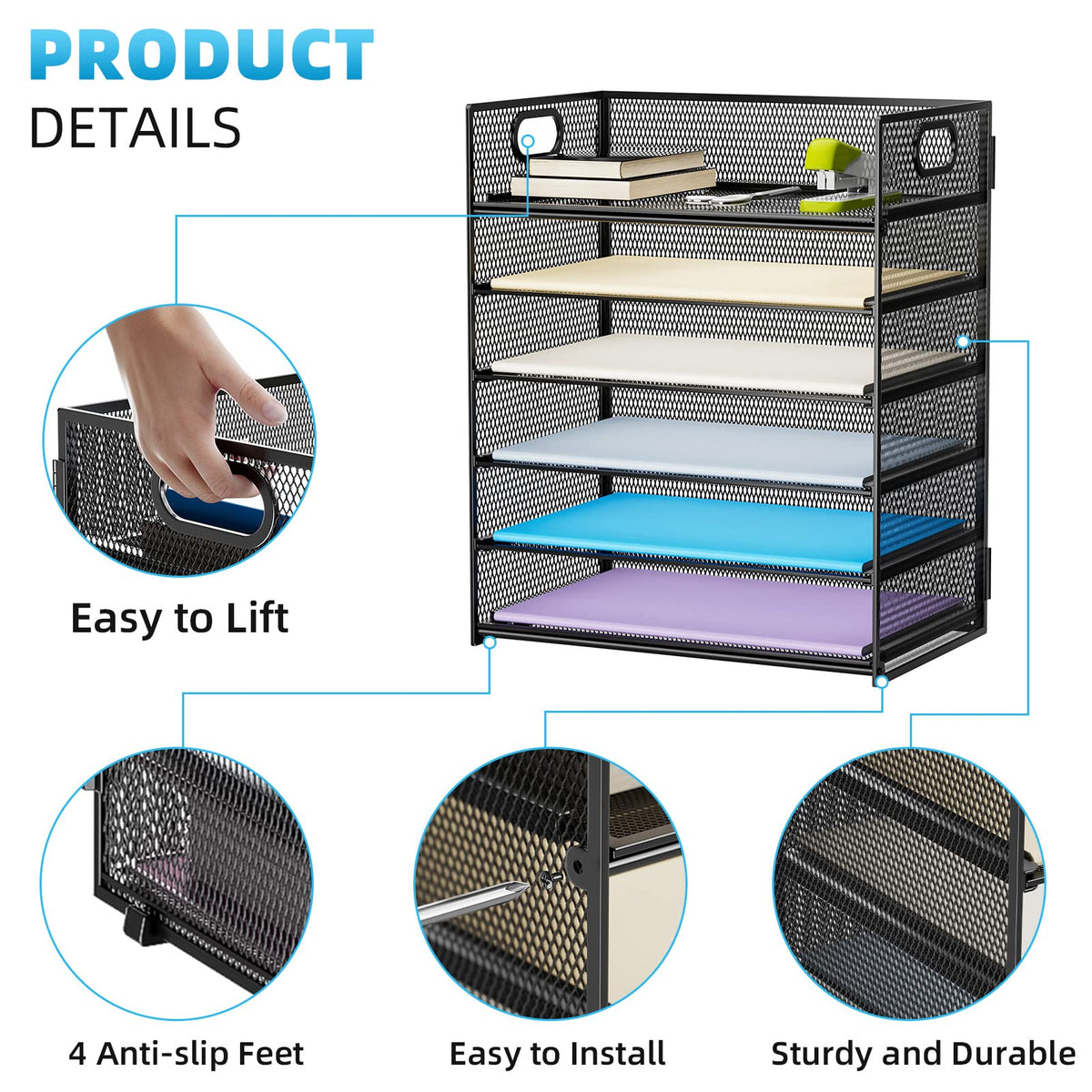 Marbrasse 2 Pack Desk Organizer with Handle, 6 Tier Paper Letter Tray, Mesh Desk File Organizer for