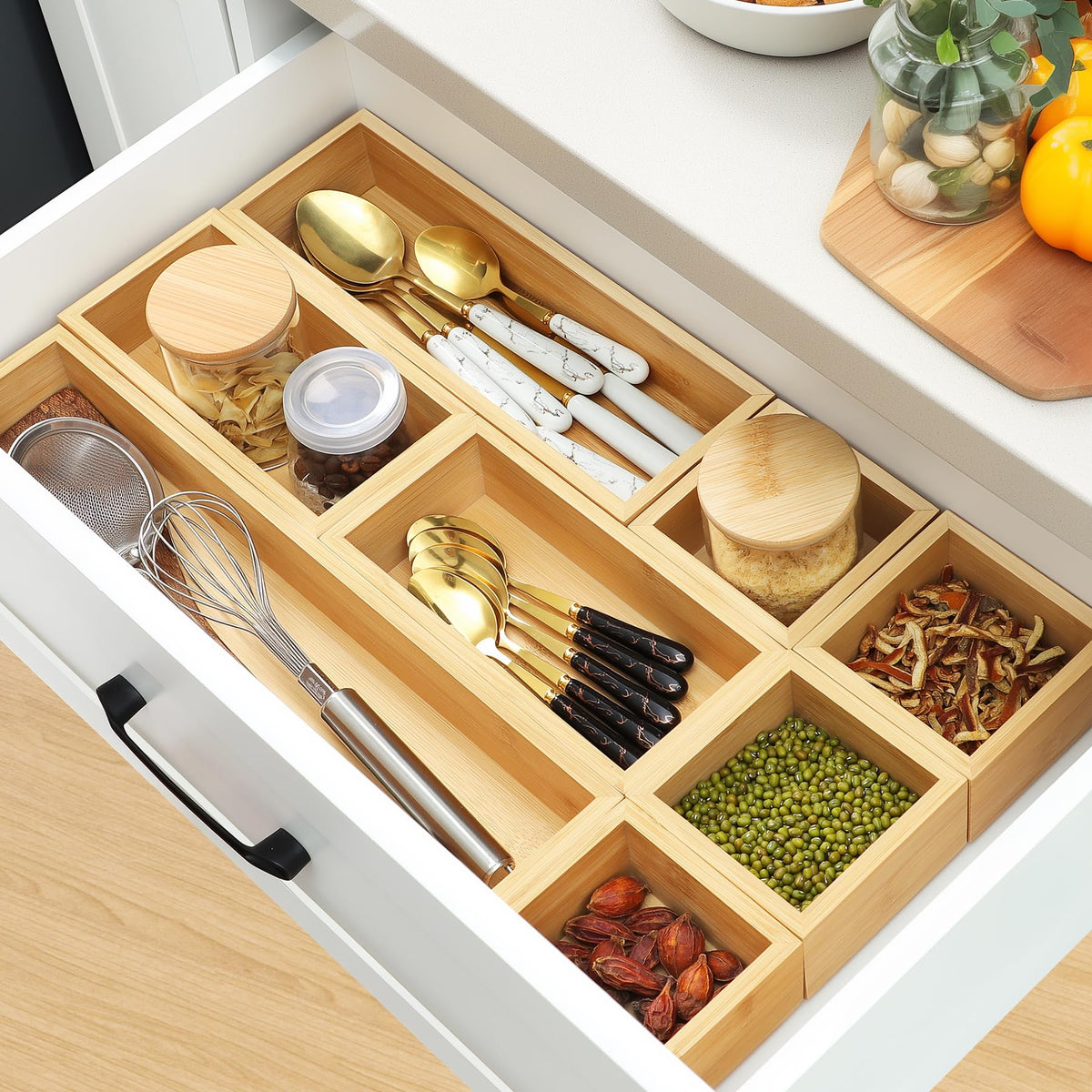 MapleGrace Bamboo Drawer Organizer Set, 9 PCS Wood Storage Organizers