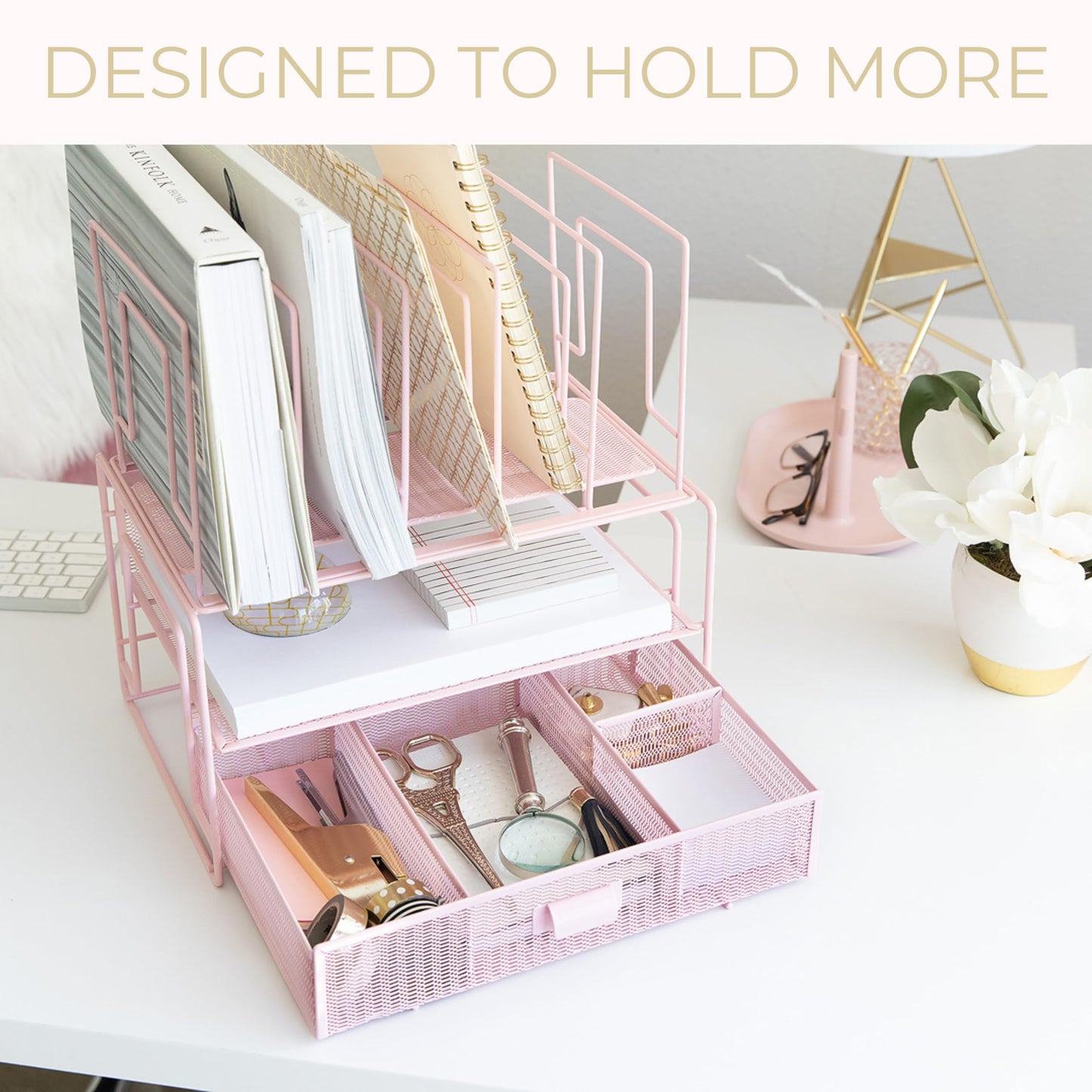 BLU MONACO | Pink Desk Organizer with Drawer | Wire Mesh Desk Organizer File Sorter | Metal Desktop
