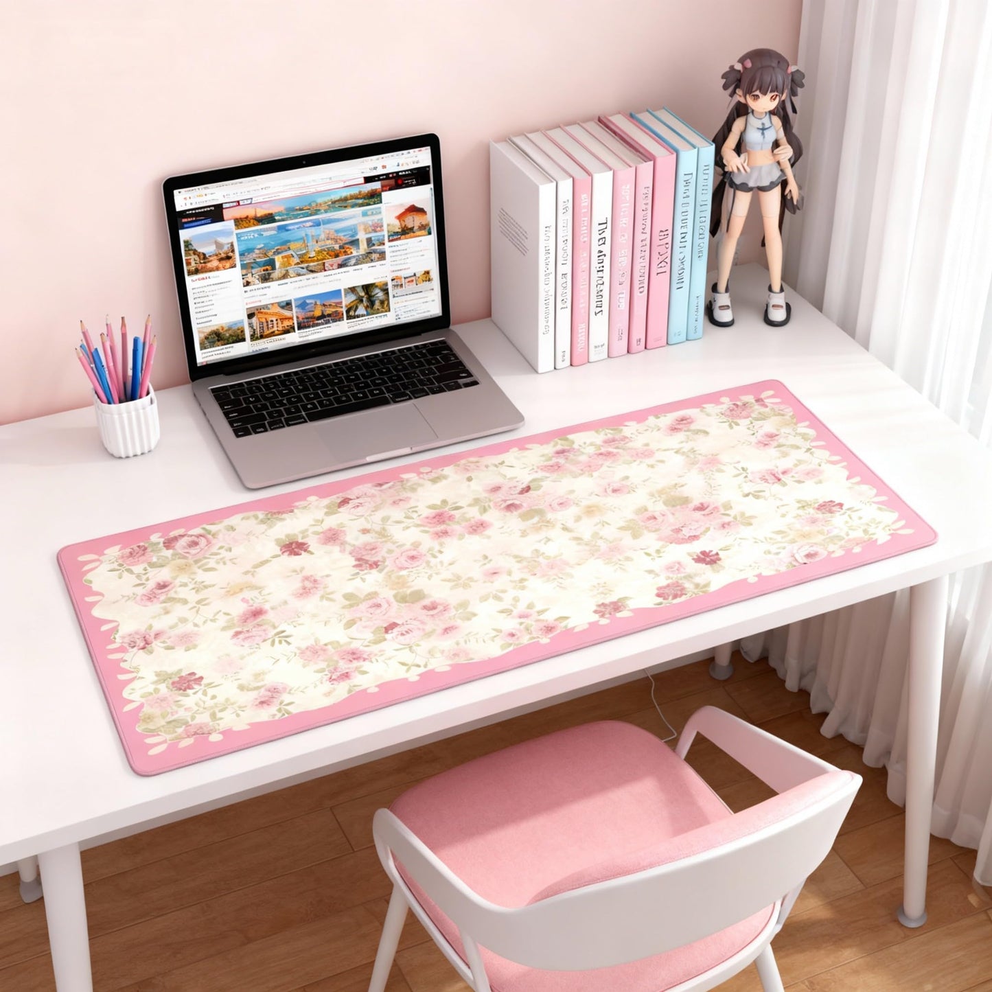 Aesthetic Floral Desk Pad for Women, Pink XXL Large Mouse Pad with Stitched Edges, Non-Slip Office