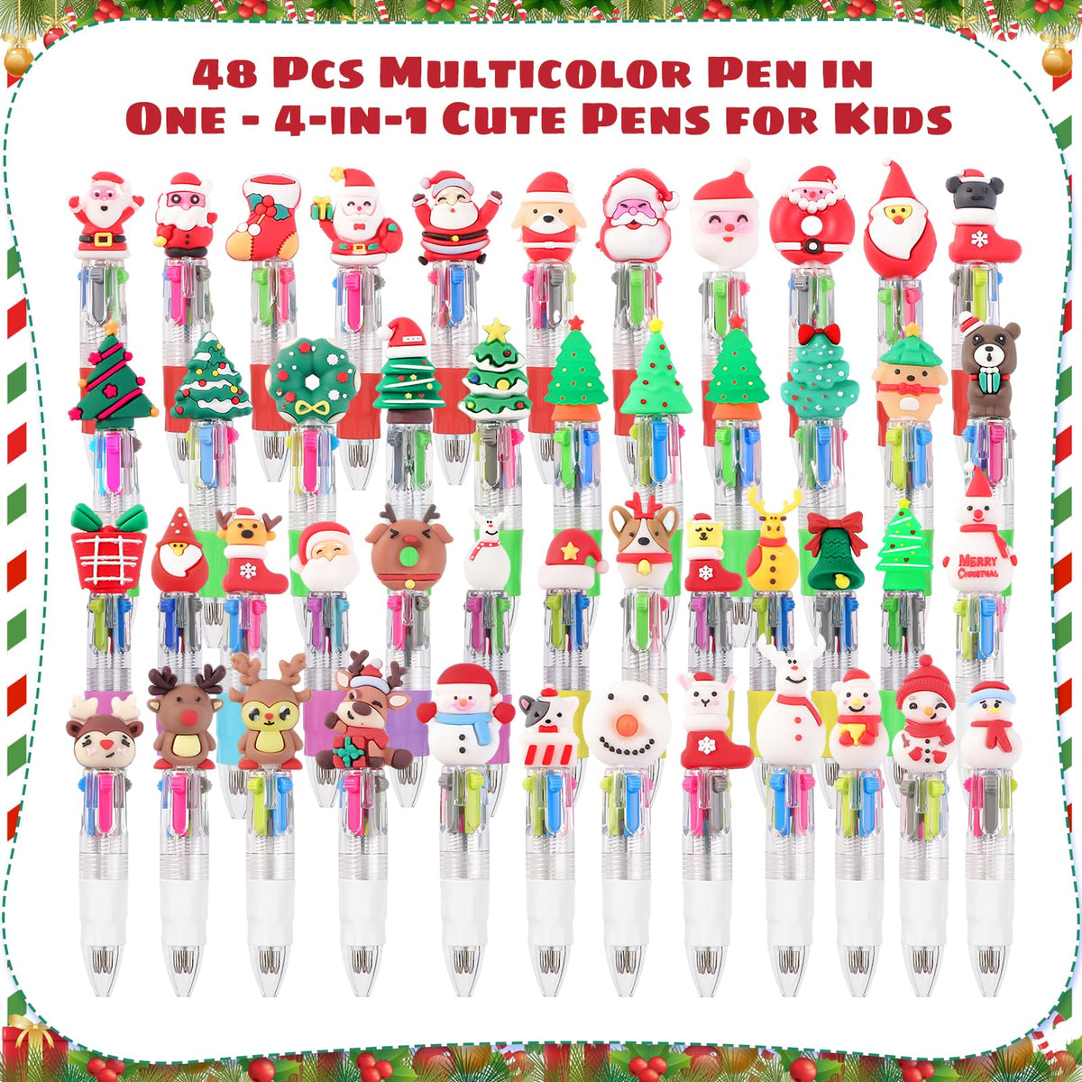 BESARME 48 Packs Christmas Multicolor Pen in One, 4-in-1 Xmas Tree Claus Stocking Stuffers for Teen